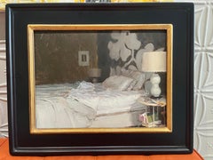 "Bett" zeitgenössisches impressionistisches Ölgemälde eines gemütlichen neutralen Zimmers und eines ungemachten Bettes