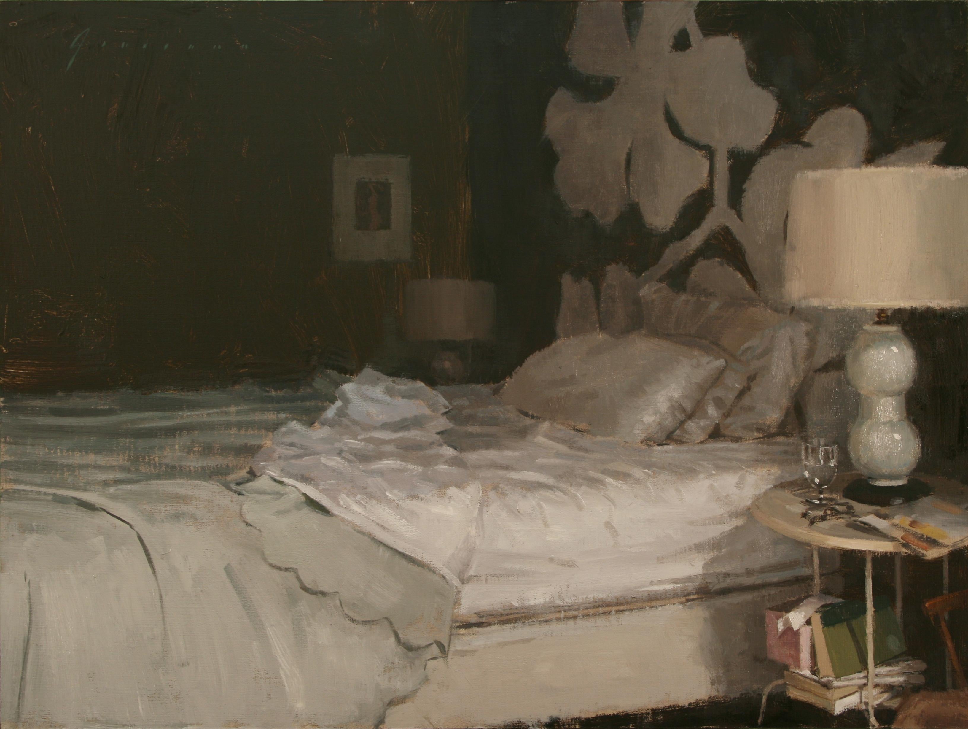 Vincent Giarrano Interior Painting – "Bett" zeitgenössisches impressionistisches Ölgemälde eines gemütlichen neutralen Zimmers und eines ungemachten Bettes