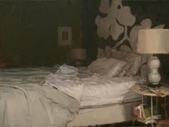"The Painted Room" peinture à l'huile impressionniste contemporaine d'une chambre confortable et neutre et d'un lit défait.