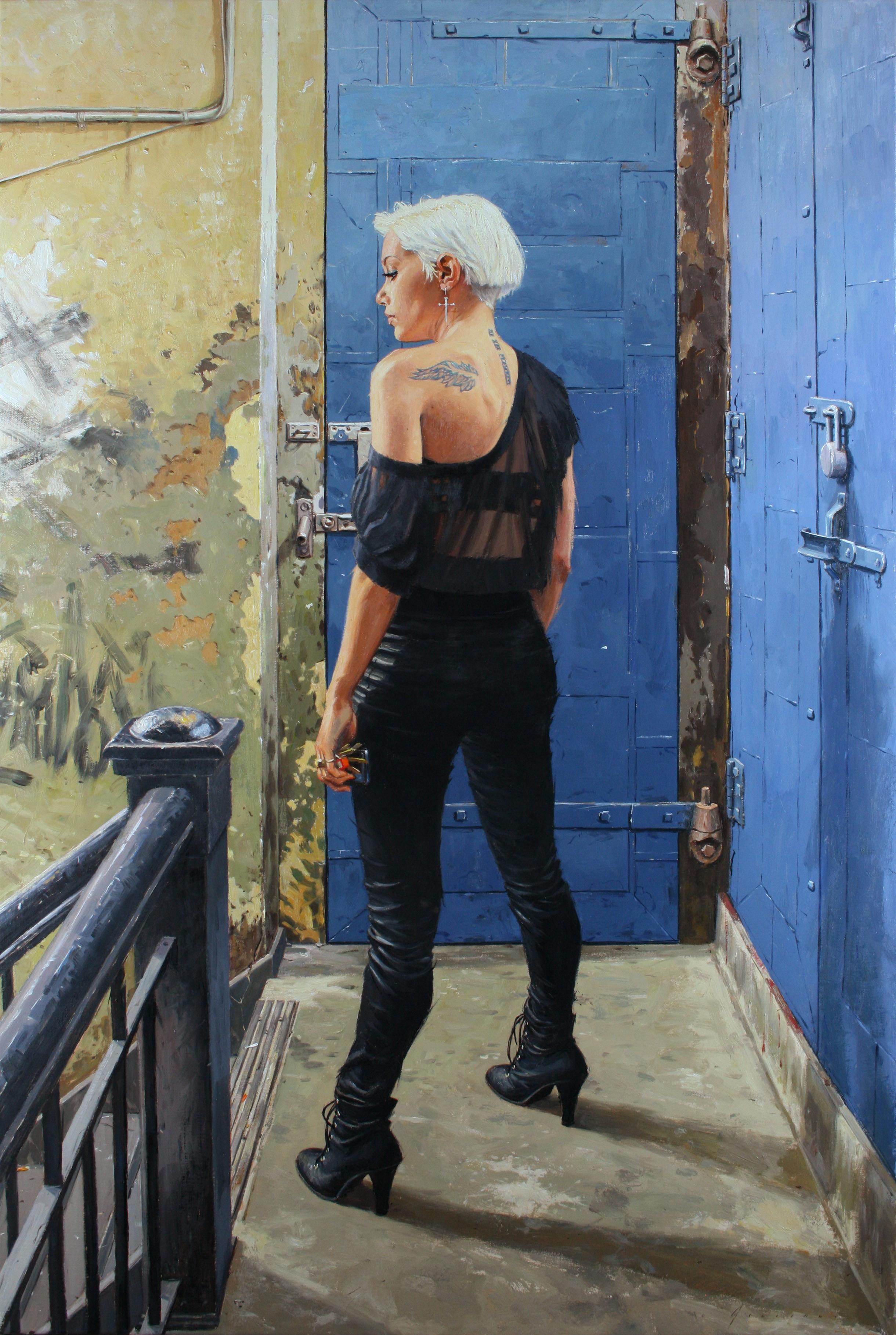 DUMBO LOFT, photo-realism, women in hallway, nyc apartment, blue - Painting by Vincent Giarrano