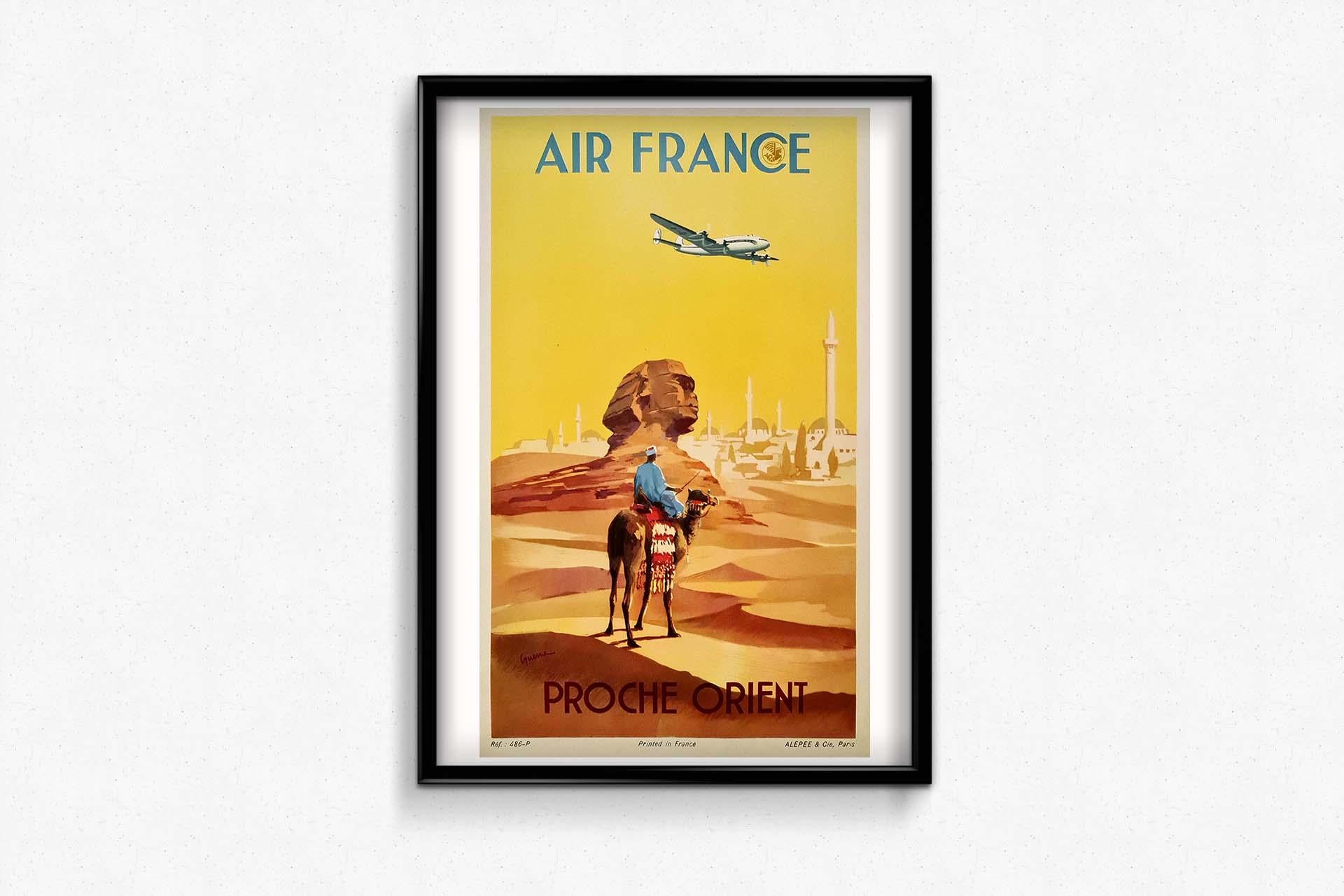 Original-Reiseplakat, 1948 von Air France für Ziele im Nahen Osten hergestellt. Wir können eine Konstellationsebene sehen, die über die Sphinx von Gizeh fliegt.

Fluggesellschaft - Luftfahrt - Tourismus

Ägypten - Sphinx

Alépée & Cie Paris