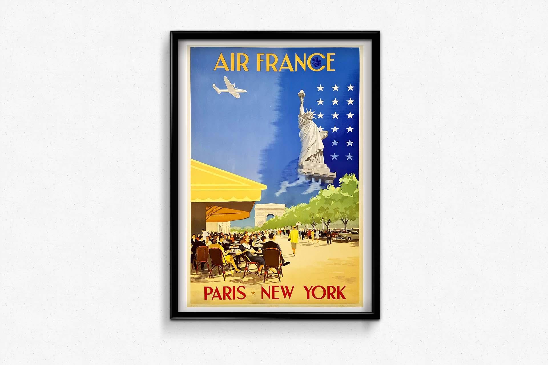 Affiche originale d'Air France au service de Paris - New-York - Airlines - Travel, 1951 en vente 1