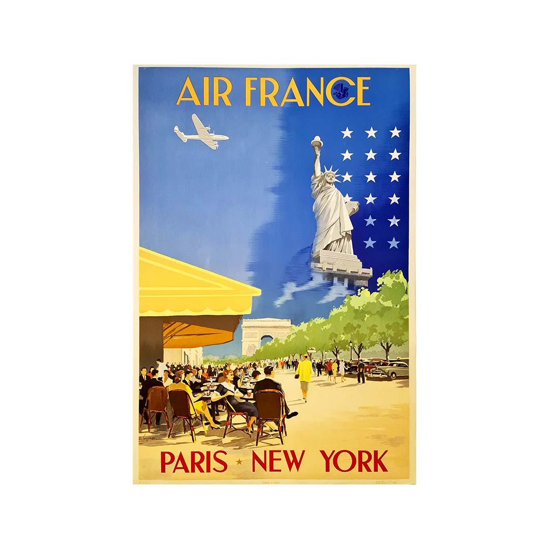 Affiche originale d'Air France au service de Paris - New-York - Airlines - Travel, 1951 - Print de Vincent Guerra