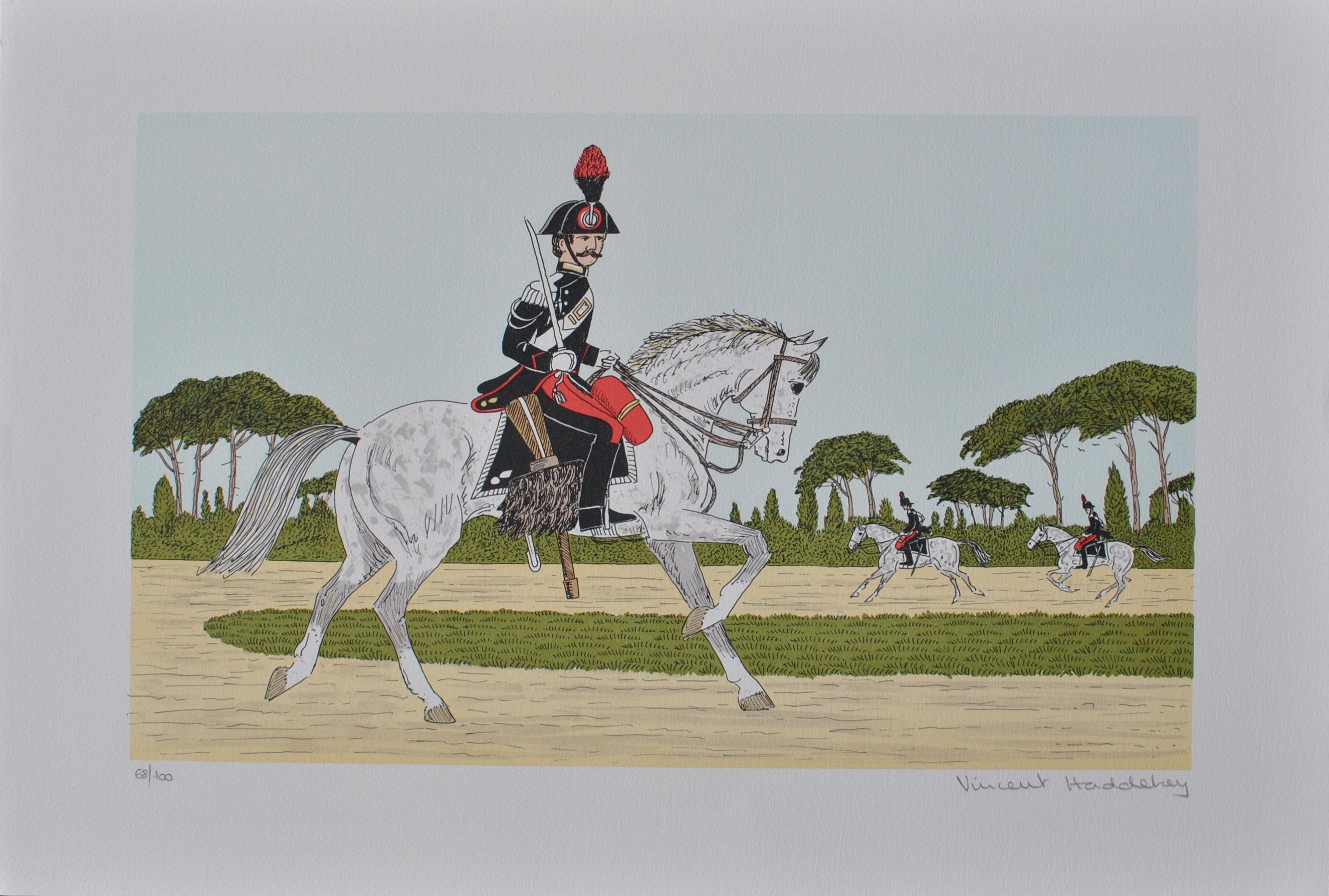 Caballo : Escuela de Caballería de Saumur - Litografía original, FIRMADA A MANO & Ltd /100 - Print de Vincent Haddelsey