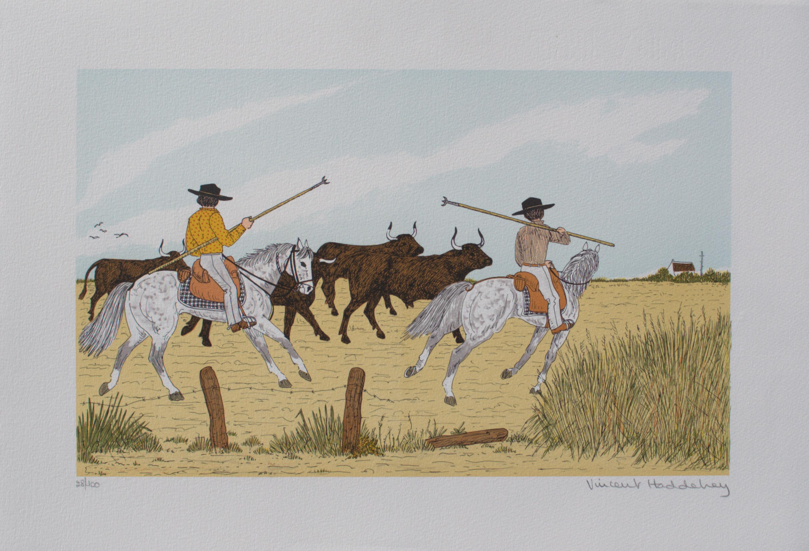 Cavallo :  Guardians Riders - Litografia originale, firmata a mano & Ltd /100 - Print di Vincent Haddelsey