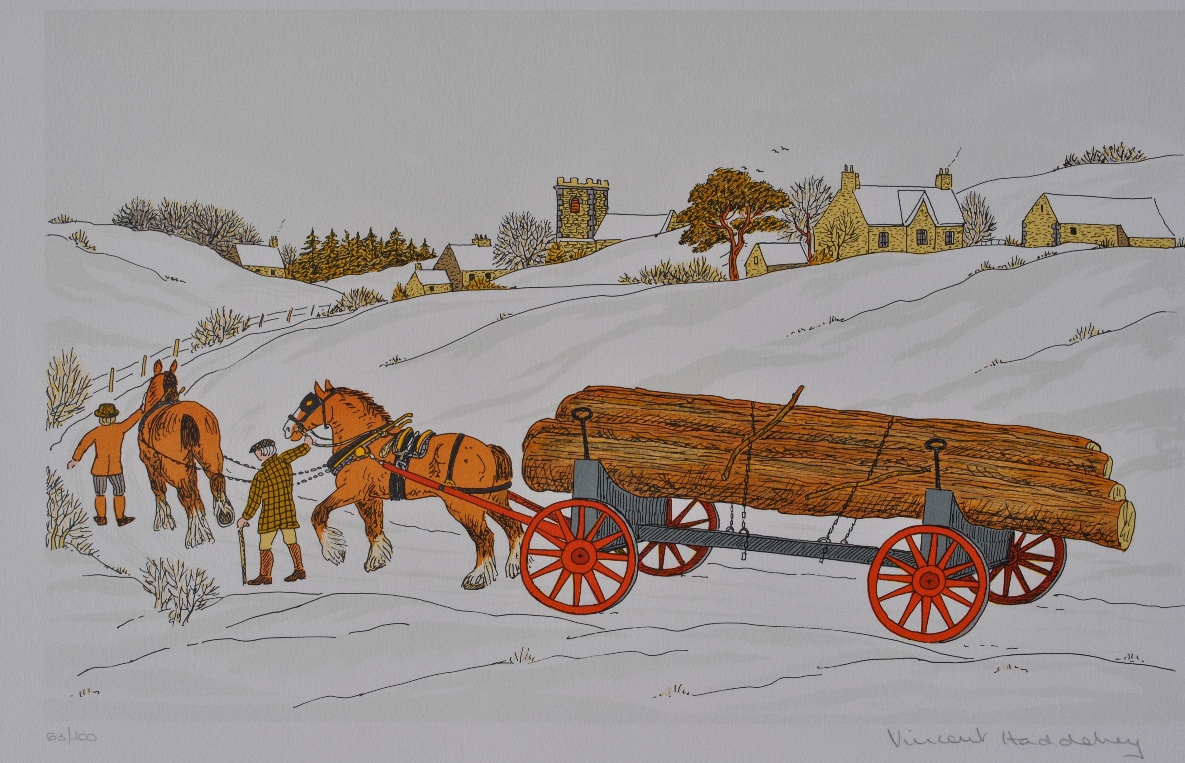 Horse :  Hitching In Winter - Original Lithograph, HANDSIGNED & Ltd /100 - Modern Print by Vincent Haddelsey