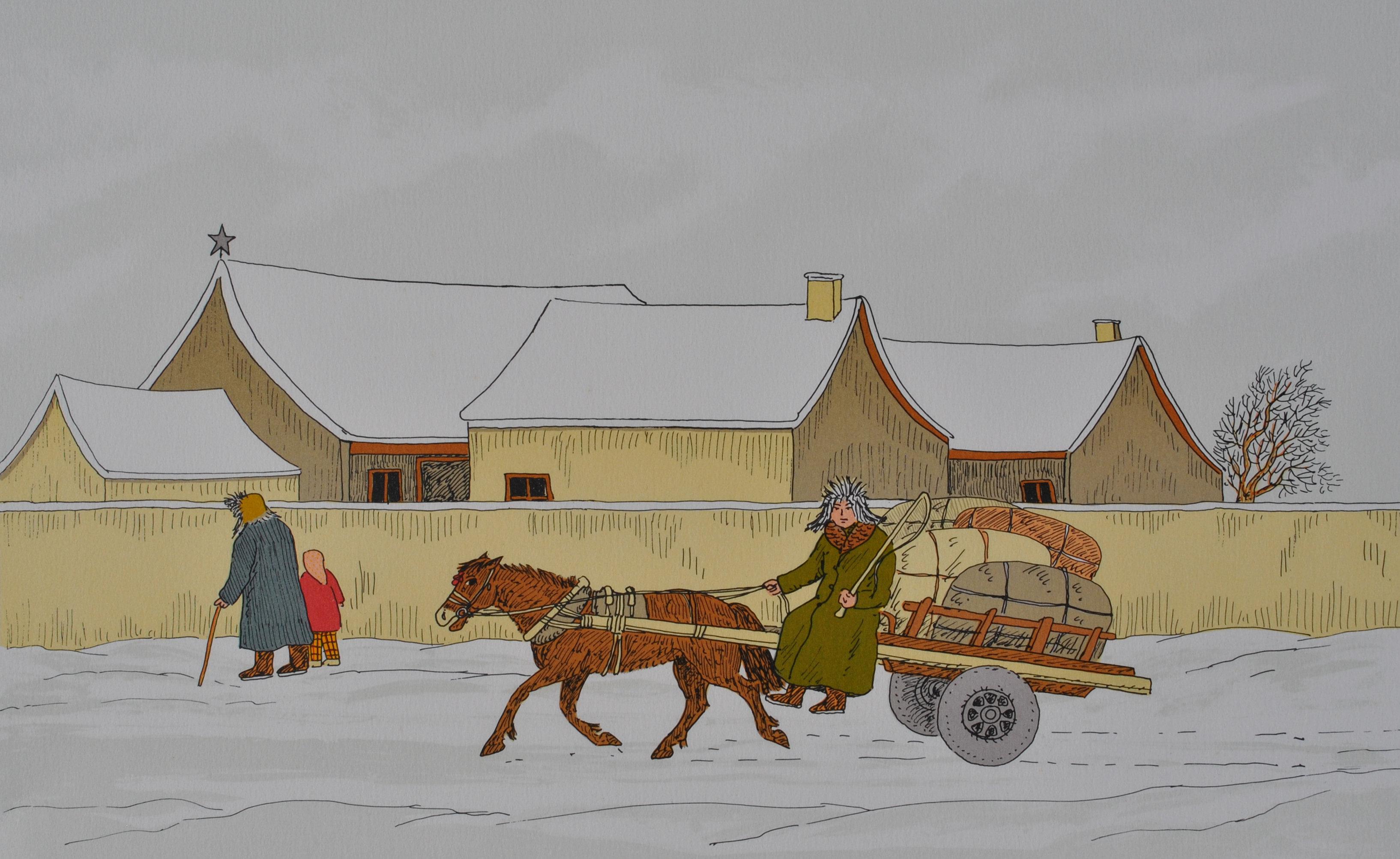 Horse : Hitching In Winter - Original Lithograph, HANDSIGNED & Ltd /100 - Gray Animal Print by Vincent Haddelsey