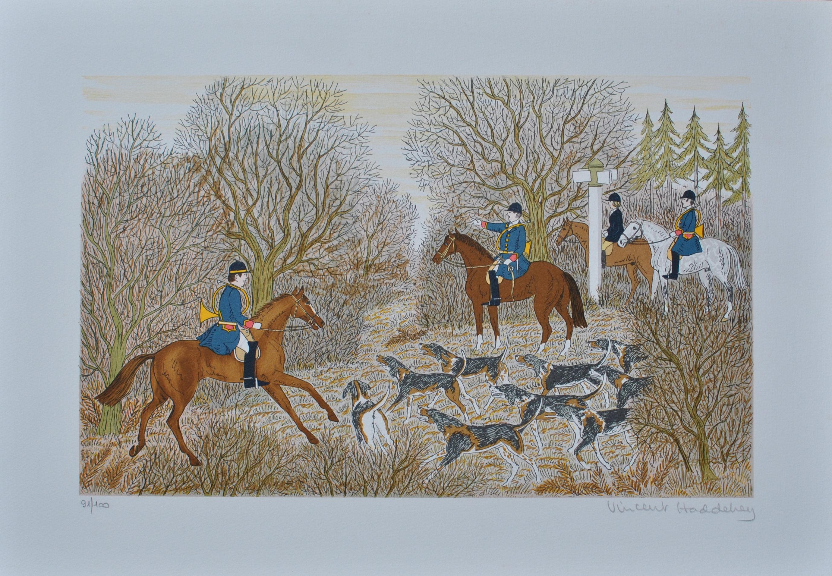 Cavallo :  Caccia con i segugi - Litografia originale, firmata a mano & Ltd /100 - Print di Vincent Haddelsey