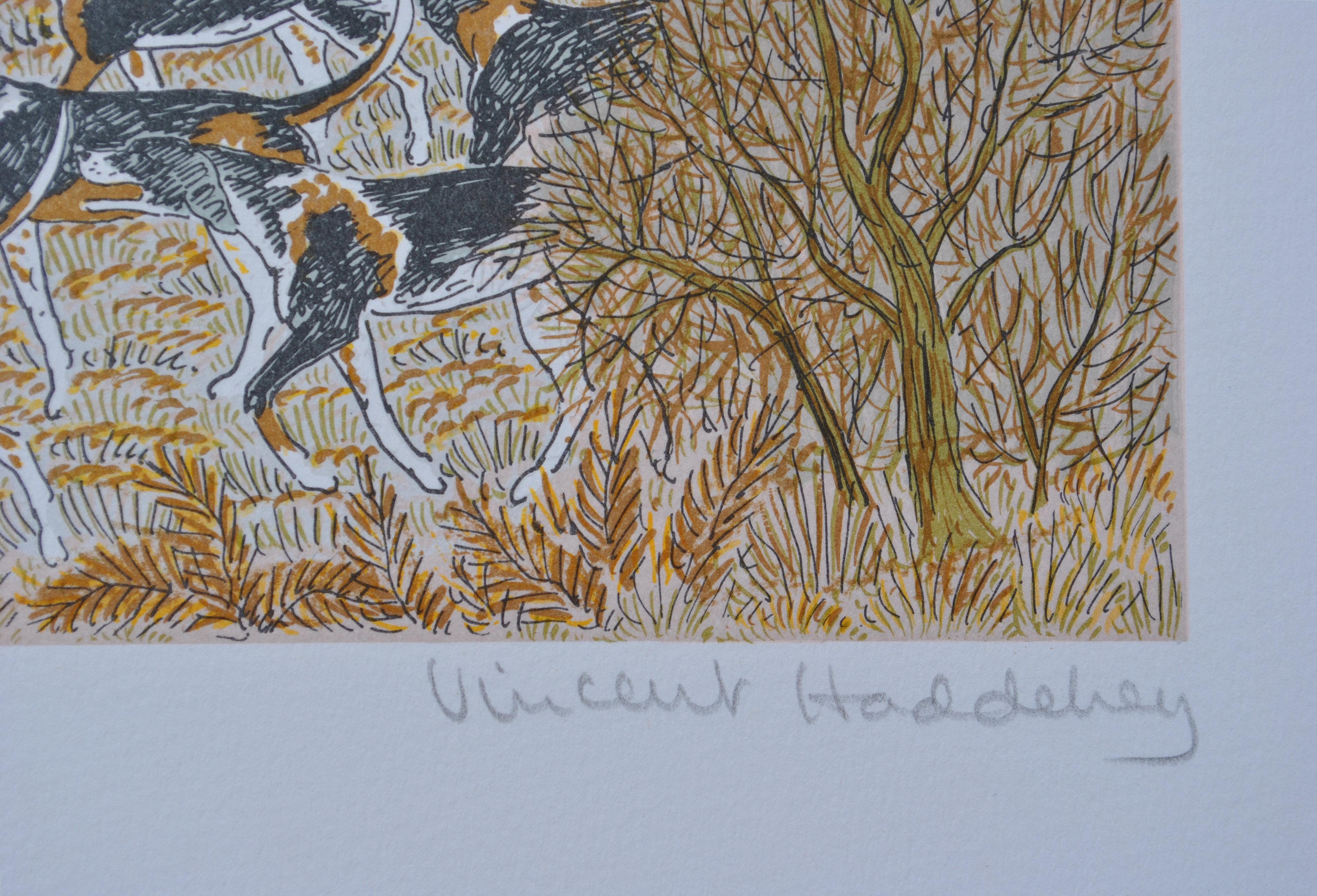 Cavallo :  Caccia con i segugi - Litografia originale, firmata a mano & Ltd /100 - Animal Print Grigio di Vincent Haddelsey