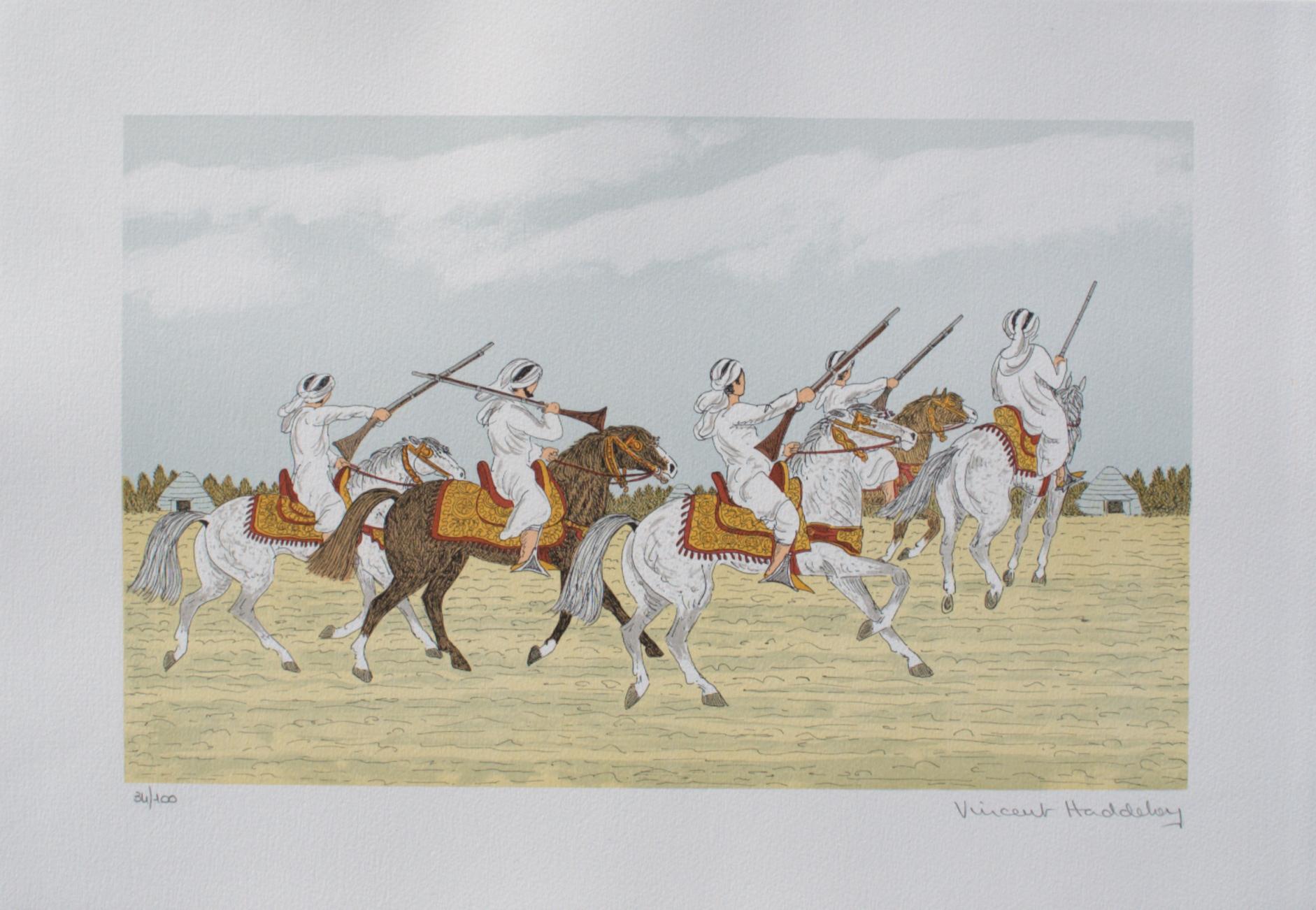 Caballo : Jinetes Marroquíes - Litografía Original, FIRMADA A MANO & Ltd /100 - Print de Vincent Haddelsey