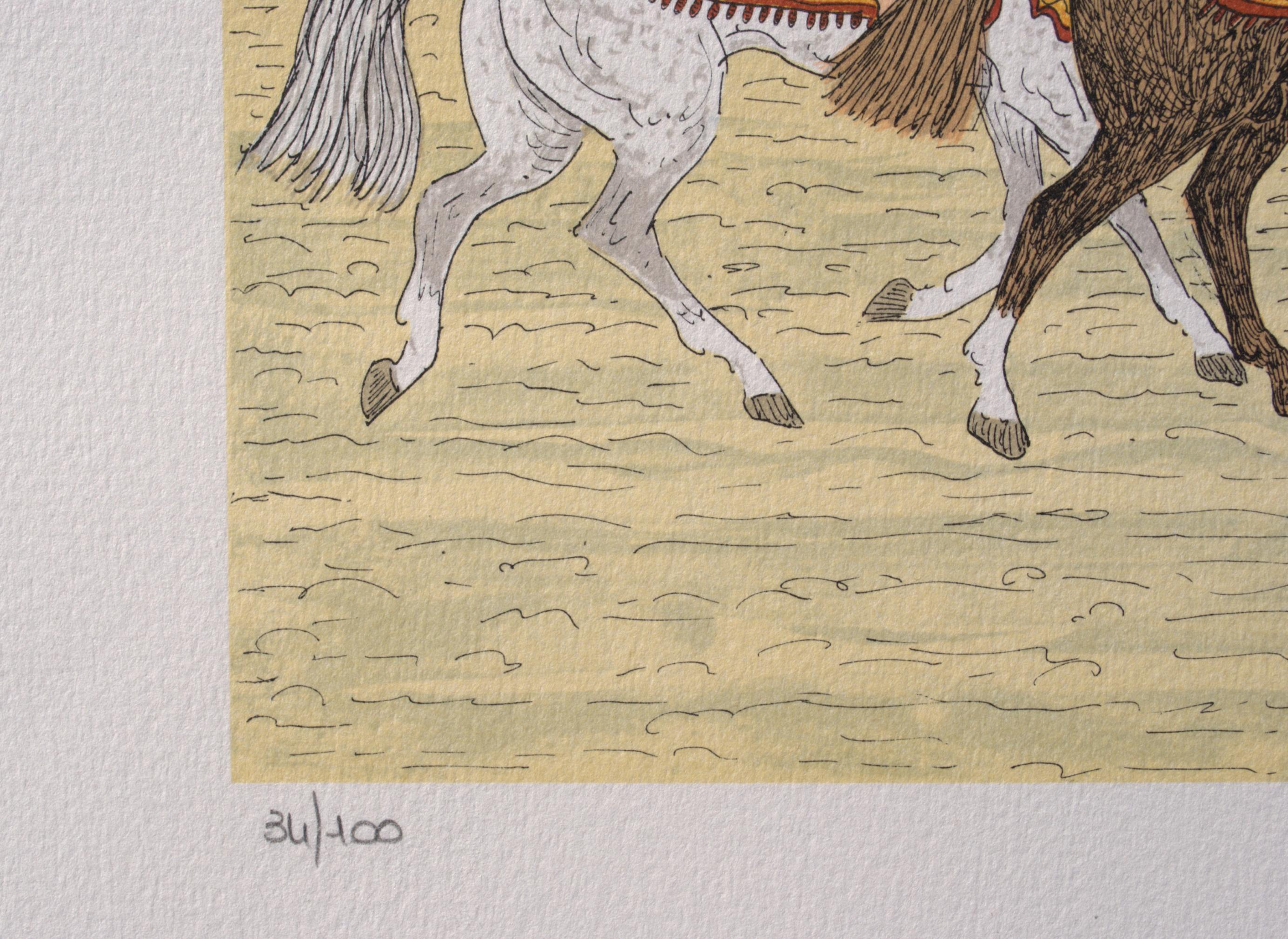 Vincent HADDELSEY (1934-2010)
Caballo : Jinetes marroquíes, 1974

Litografía original
Firmado a lápiz
Numerado / 100
Sobre vitela Arches 53 x 38 cm (c. 23 x 15 in)

Excelente estado