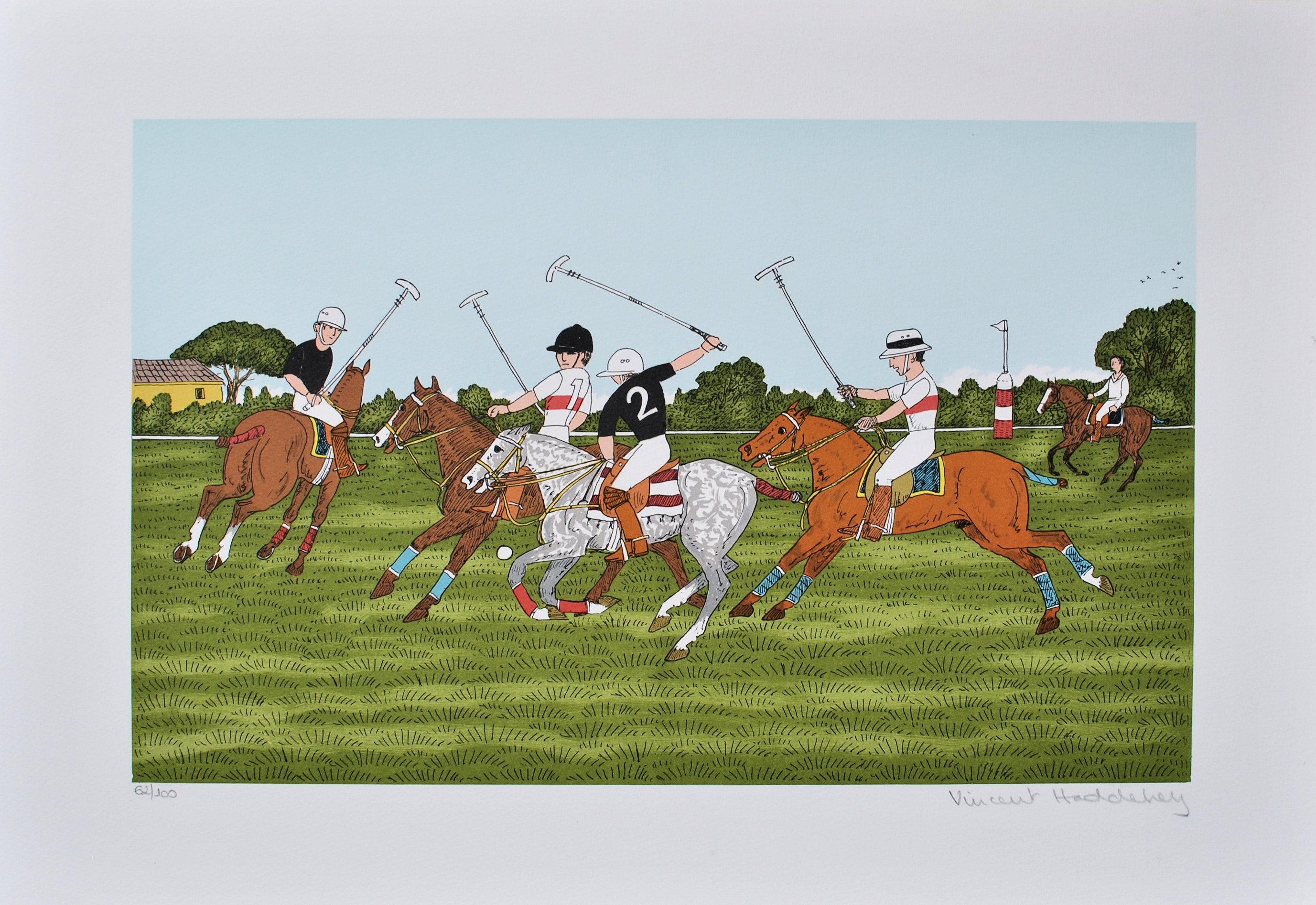 Cavallo: Gioco del Polo - Litografia originale, firmata a mano e Ltd /100 - Print di Vincent Haddelsey
