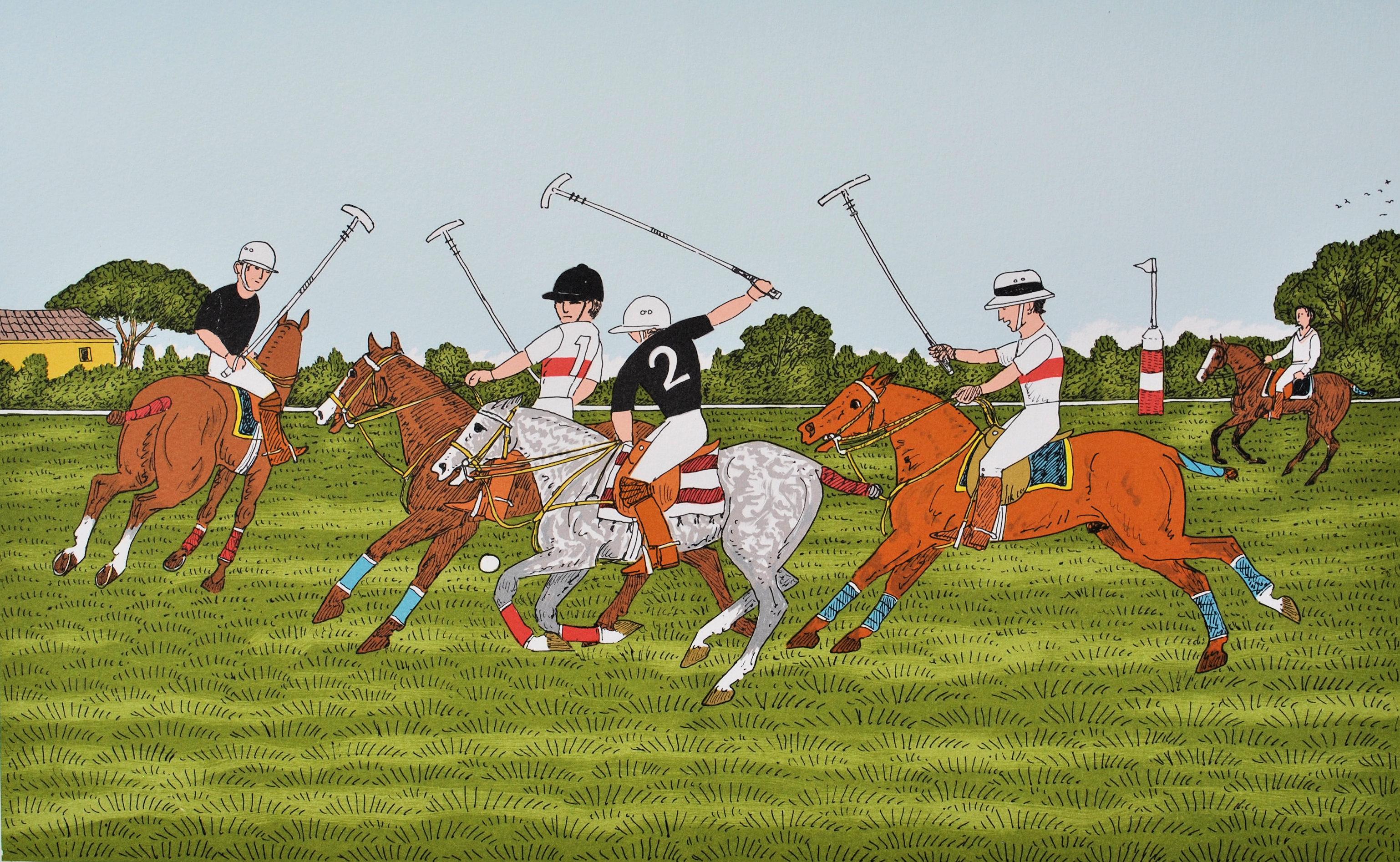 Cavallo: Gioco del Polo - Litografia originale, firmata a mano e Ltd /100 - Print Moderno di Vincent Haddelsey
