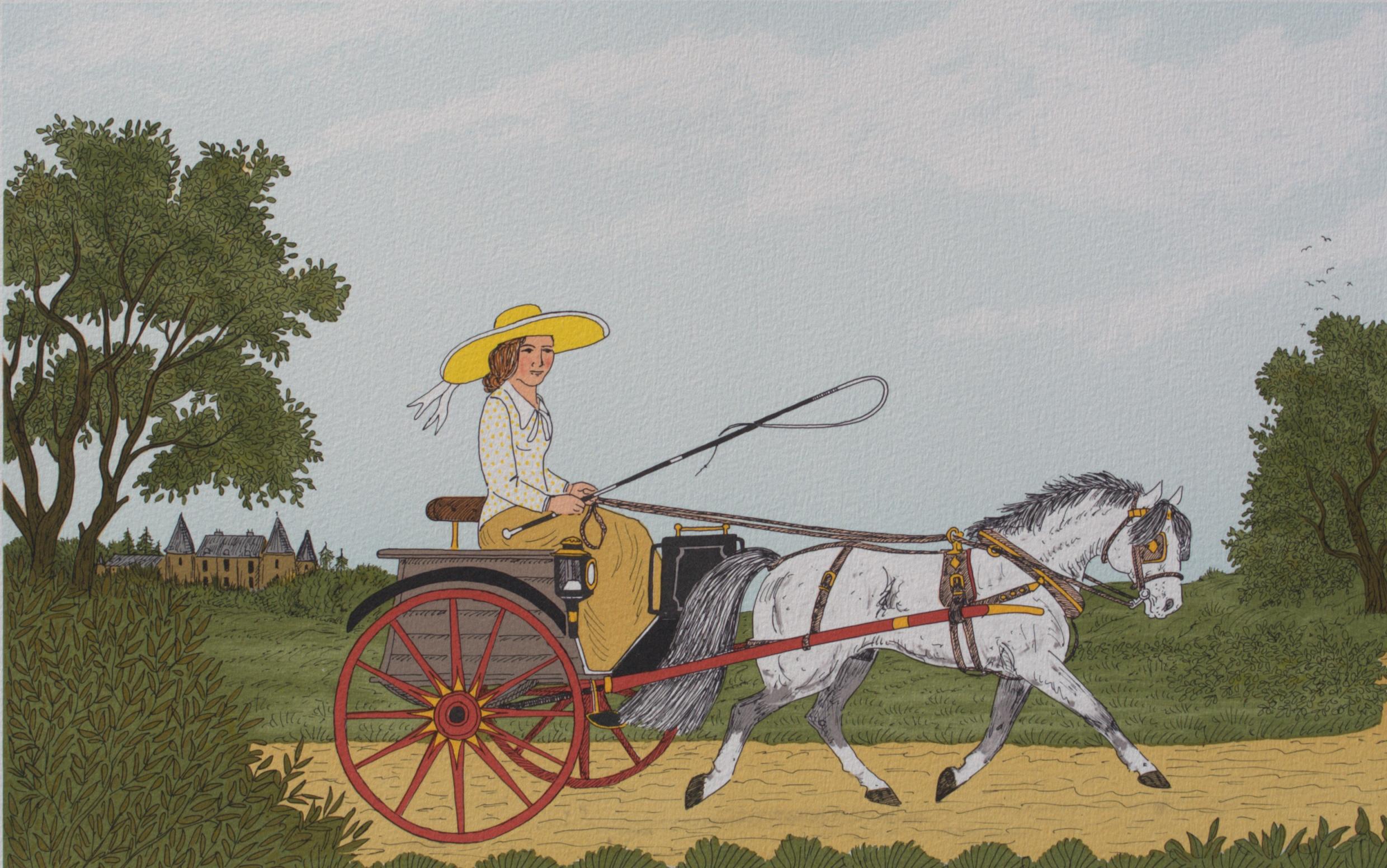 Cavallo :  Donna con cappello giallo - Litografia originale, firmata a mano e Ltd /100 - Print Moderno di Vincent Haddelsey