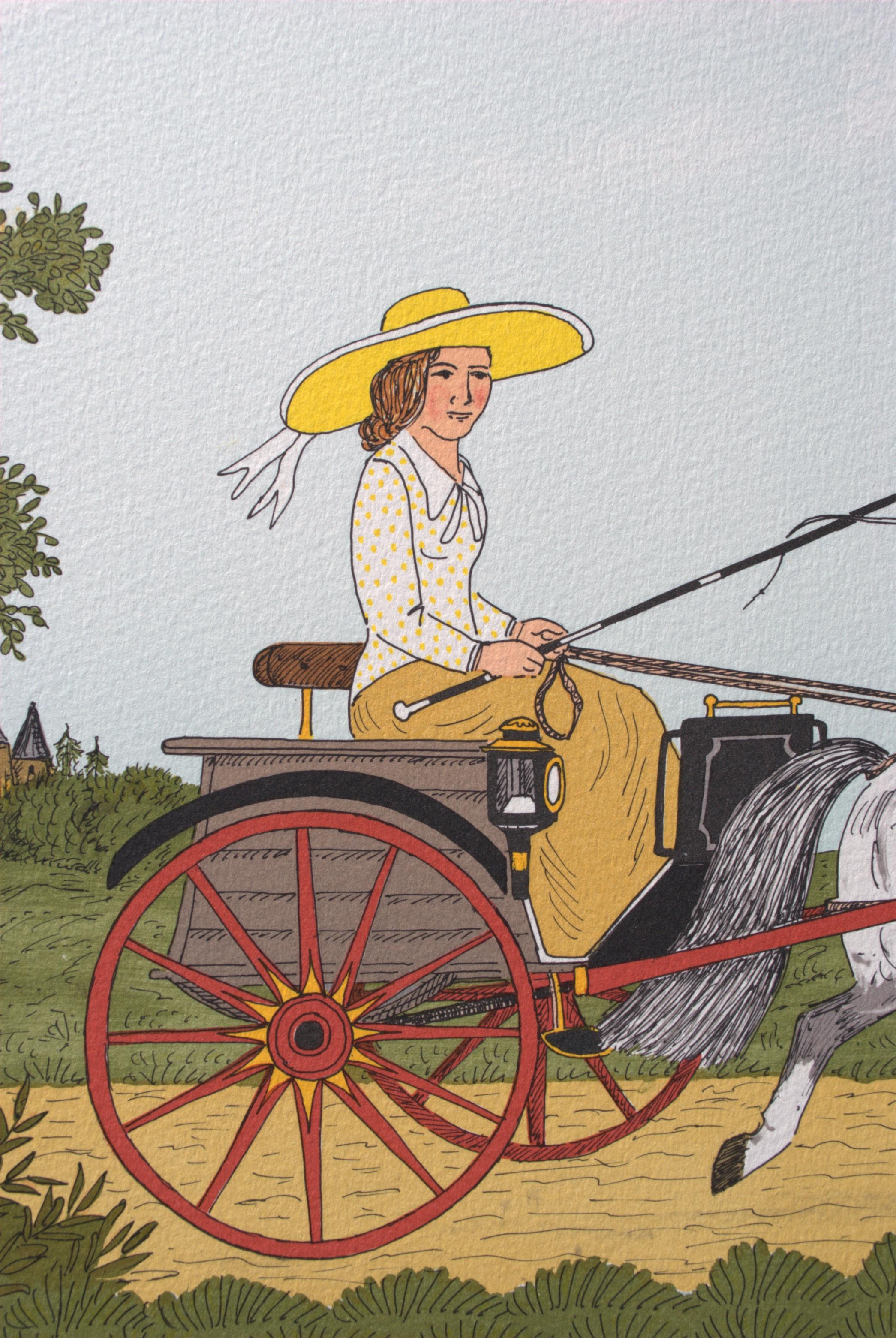 Cavallo :  Donna con cappello giallo - Litografia originale, firmata a mano e Ltd /100 in vendita 3