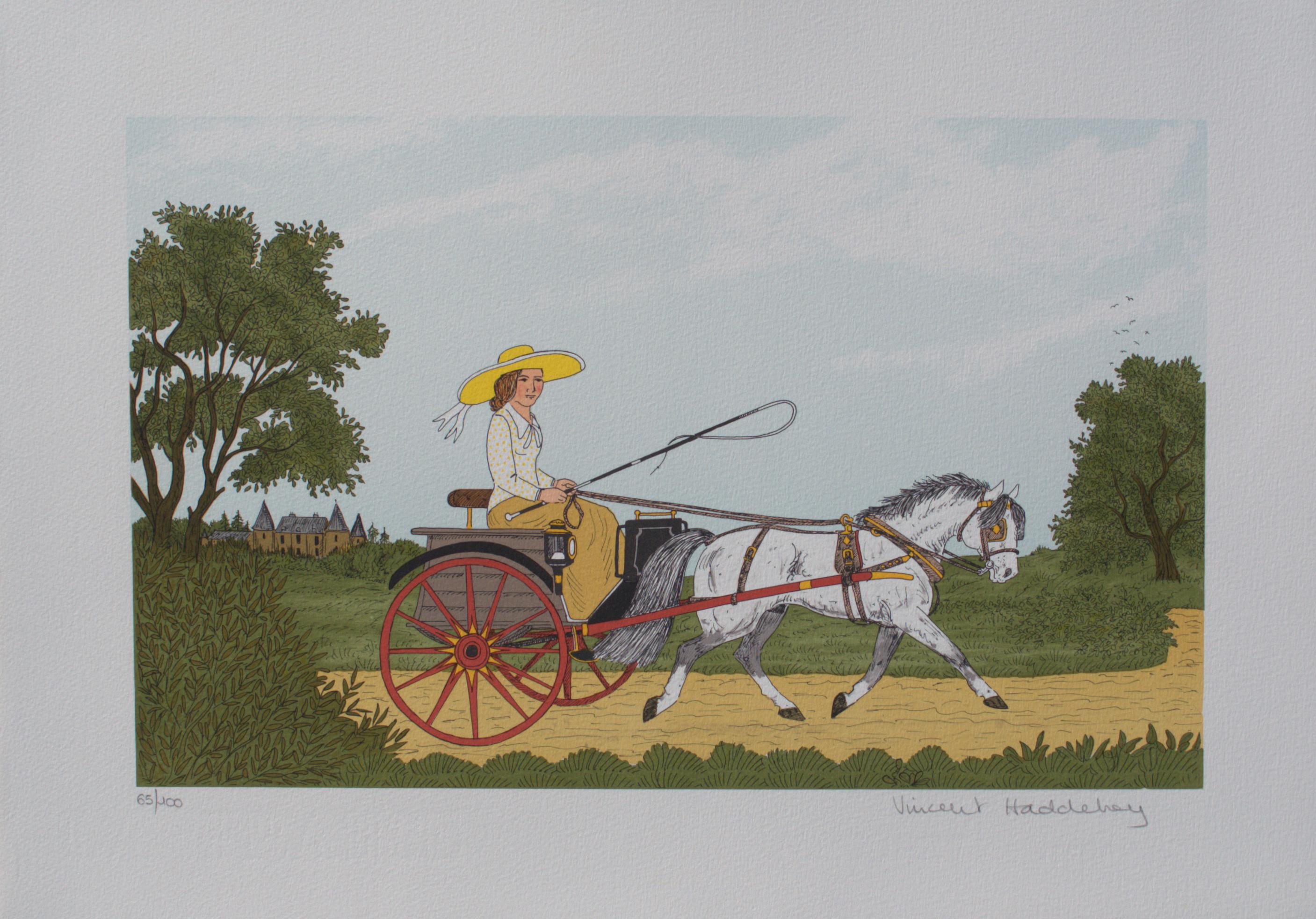 Animal Print di Vincent Haddelsey - Cavallo :  Donna con cappello giallo - Litografia originale, firmata a mano e Ltd /100