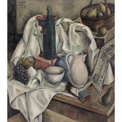 Vincent Le Vaudois, Still Life With Jugs, Bottle, Fruit & Newspaper