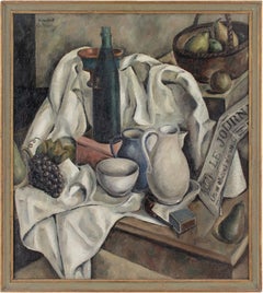 Vincent Le Vaudois, Nature morte avec cruches, bouteille, fruits et journal