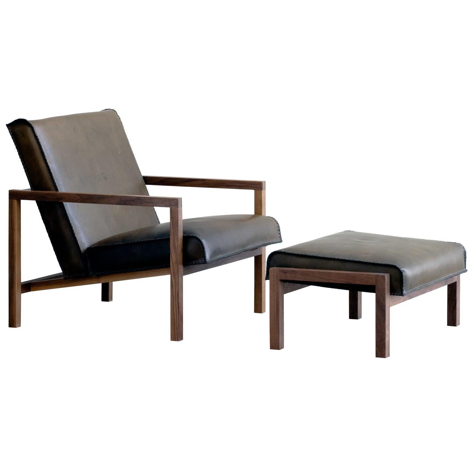 Vincent Olive Drab Leather And Walnut Lounge Chair Set with Matching Ottoman