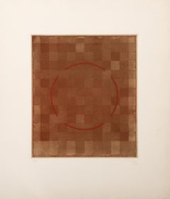 Composition en brun et rouge, gravure géométrique abstraite de Vincent Longo