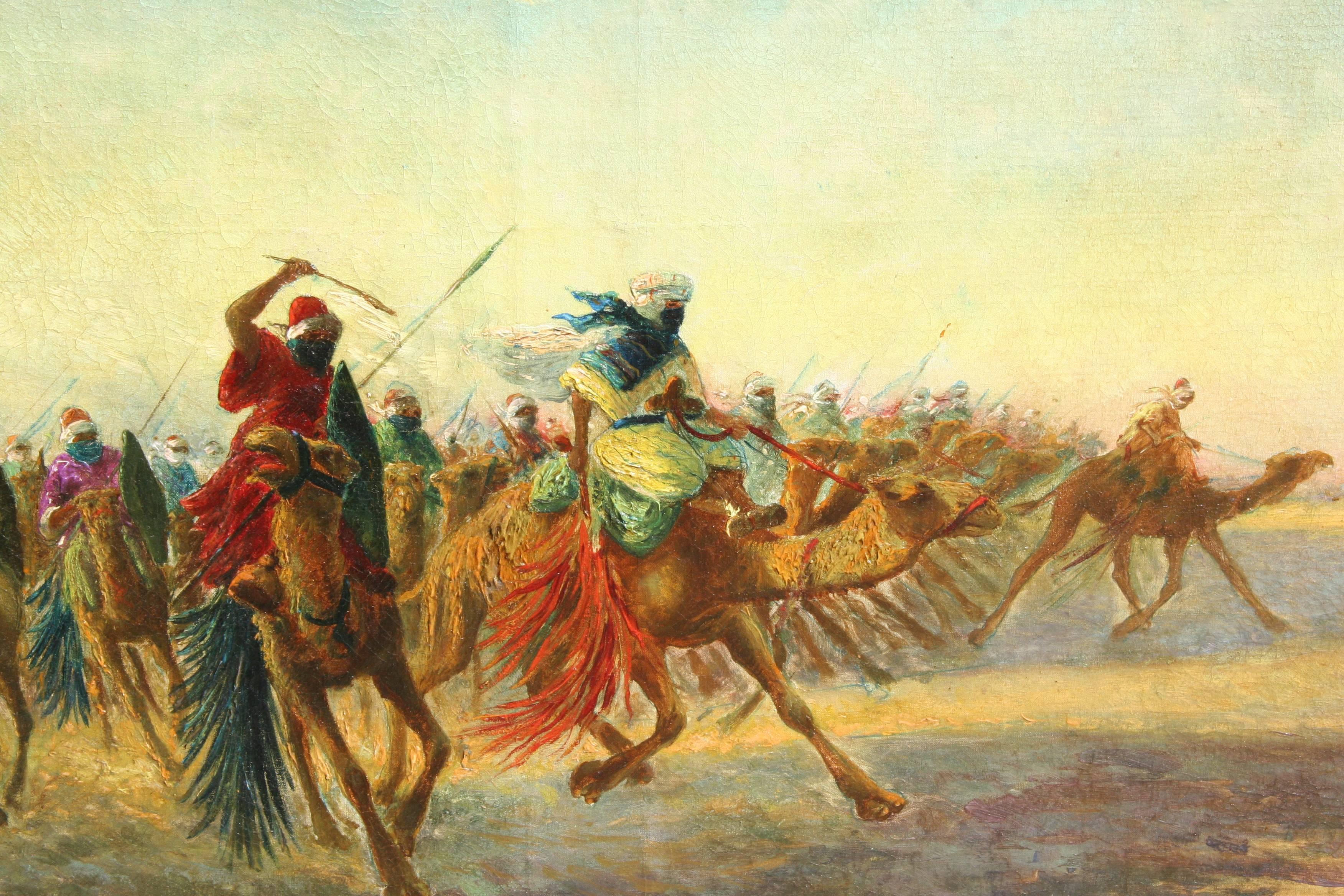 Artist: Vincent Manago, French (1880 - 1936)
Title: Moroccan Battle Scene
Year: circa 1920
Medium: Oil on Canvas, signed l.l. 
Size: 26 in. x 36 in. (66.04 cm x 91.44 cm)
Frame Size: 34 x 45 inches