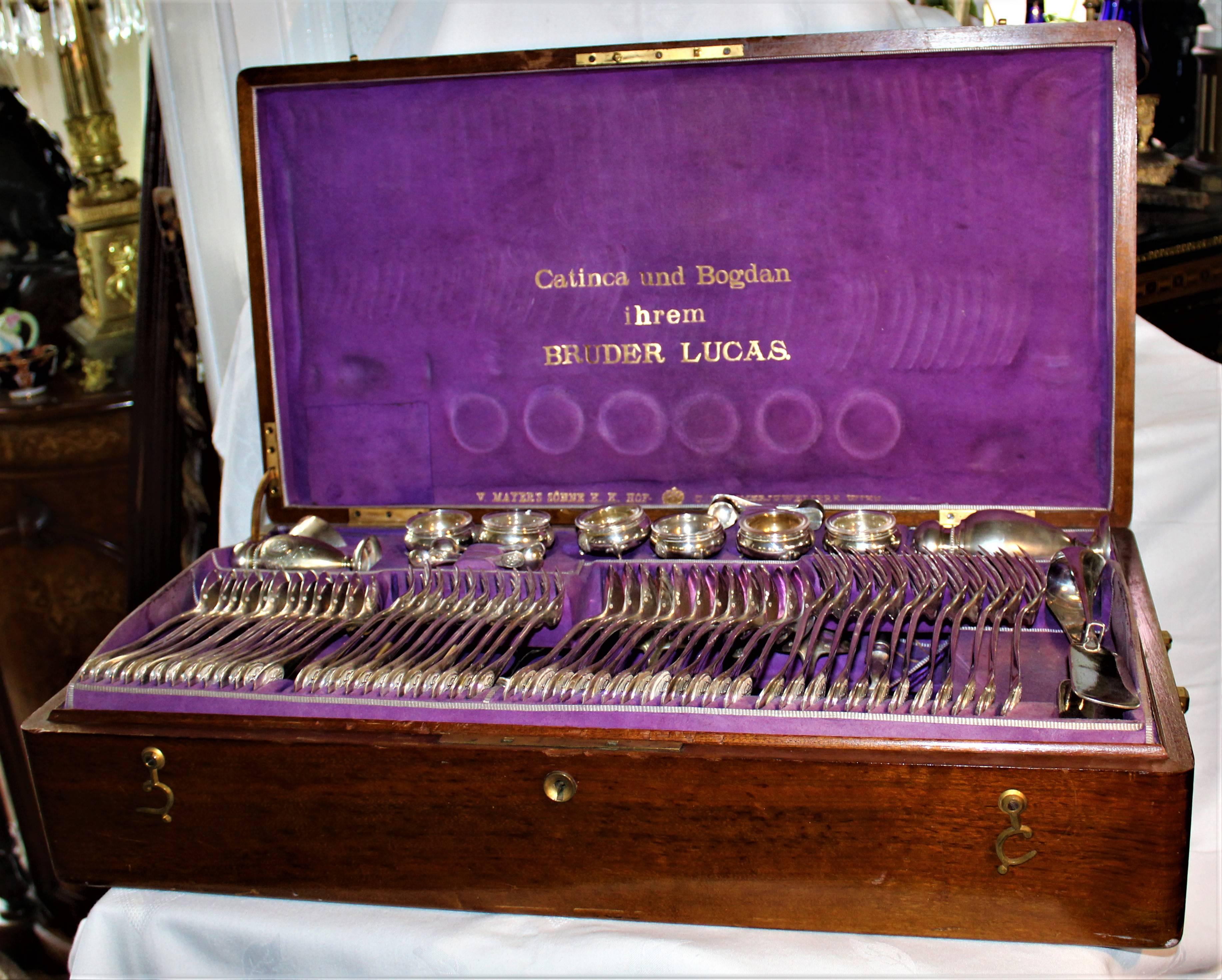 Created by Vincenz Mayer's and Sohnes (SMS) purveyors to the Imperial Court, Austro Hungarian Empire. Pre First World War and the dissolution of the Austro Hungarian Empire. European 800 silverware 151 pieces in its original presentation case box.