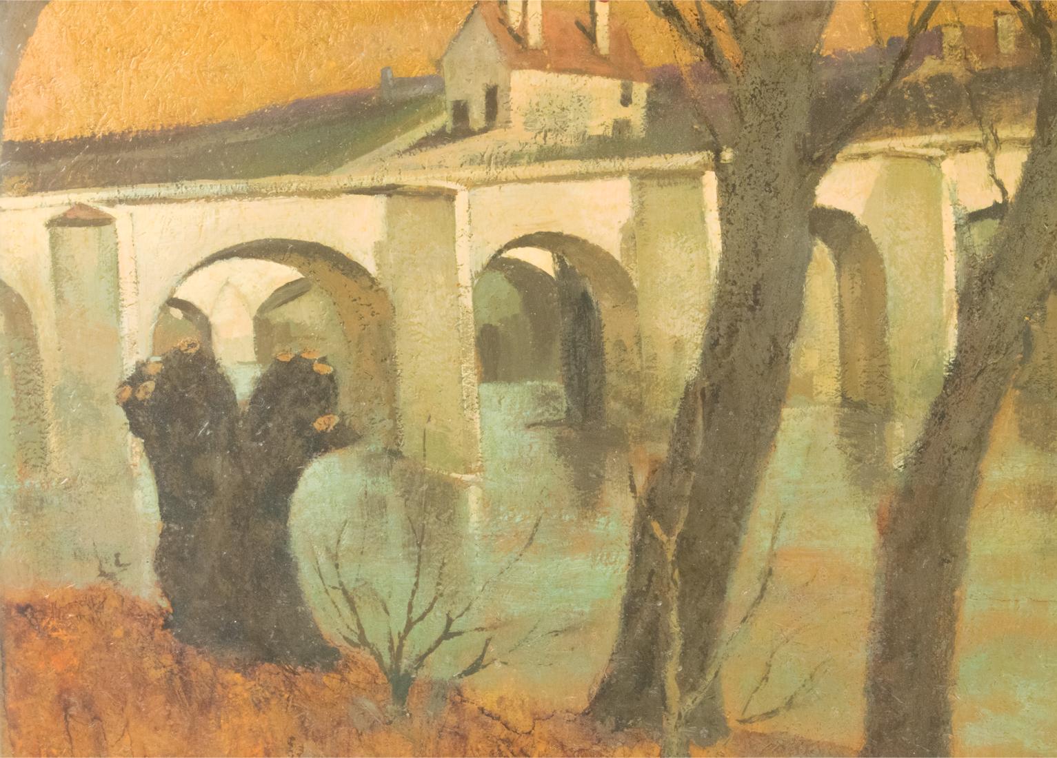 Vaulted Bridge, French Landscape Oil on Masonite Painting by Vincent Mazzocchini For Sale 7