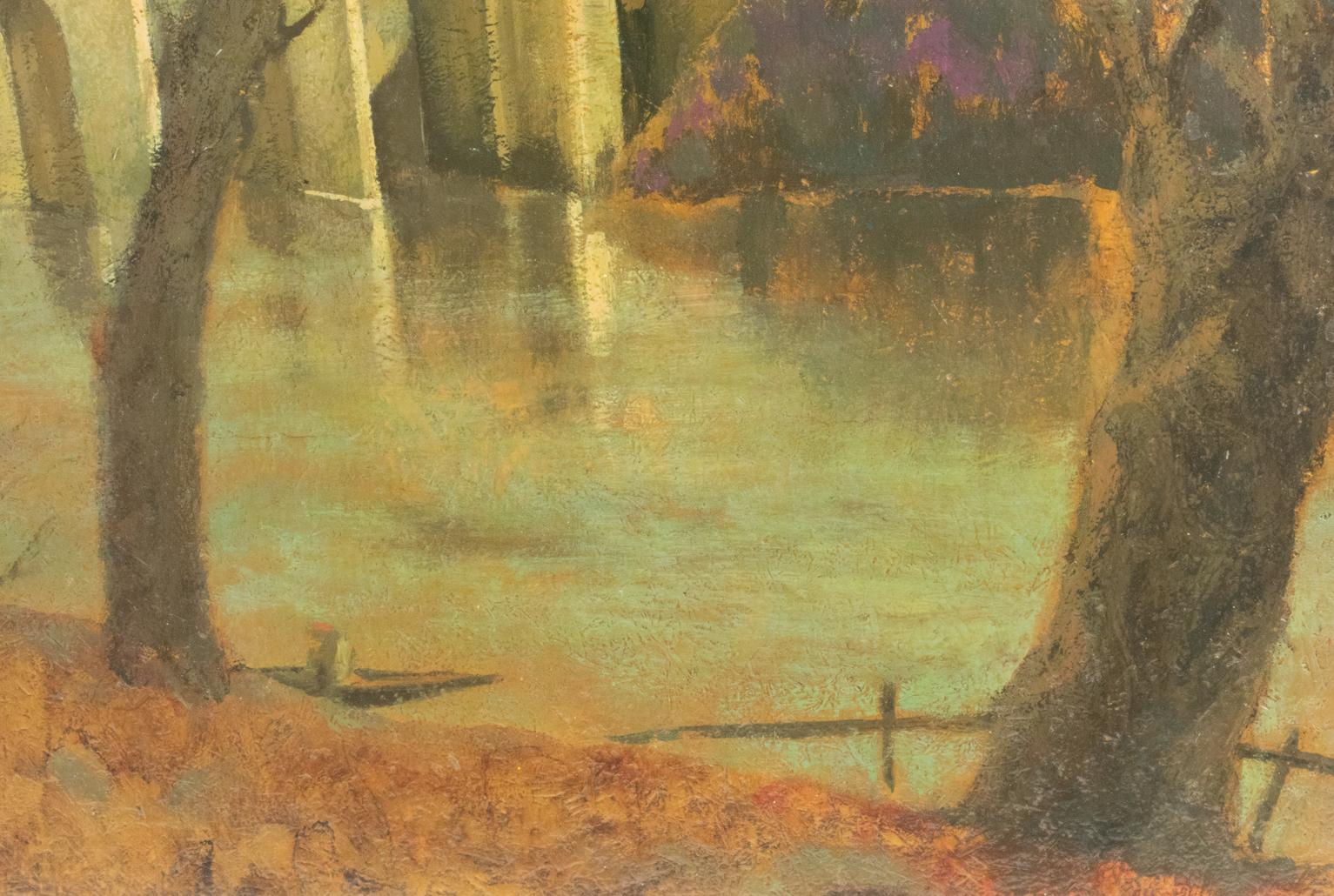 Le pont voûté dans un paysage français, peinture à l'huile sur bois de Vincent Mazzocchini en vente 9