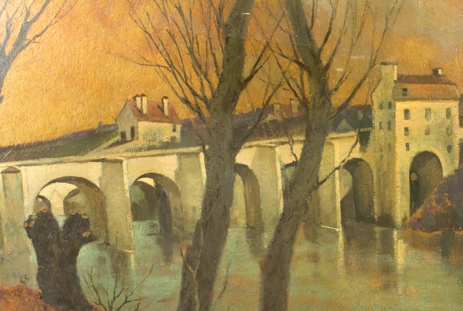 Vaulted Bridge in French Landscape Oil on Wood Painting by Vincent Mazzocchini For Sale 10
