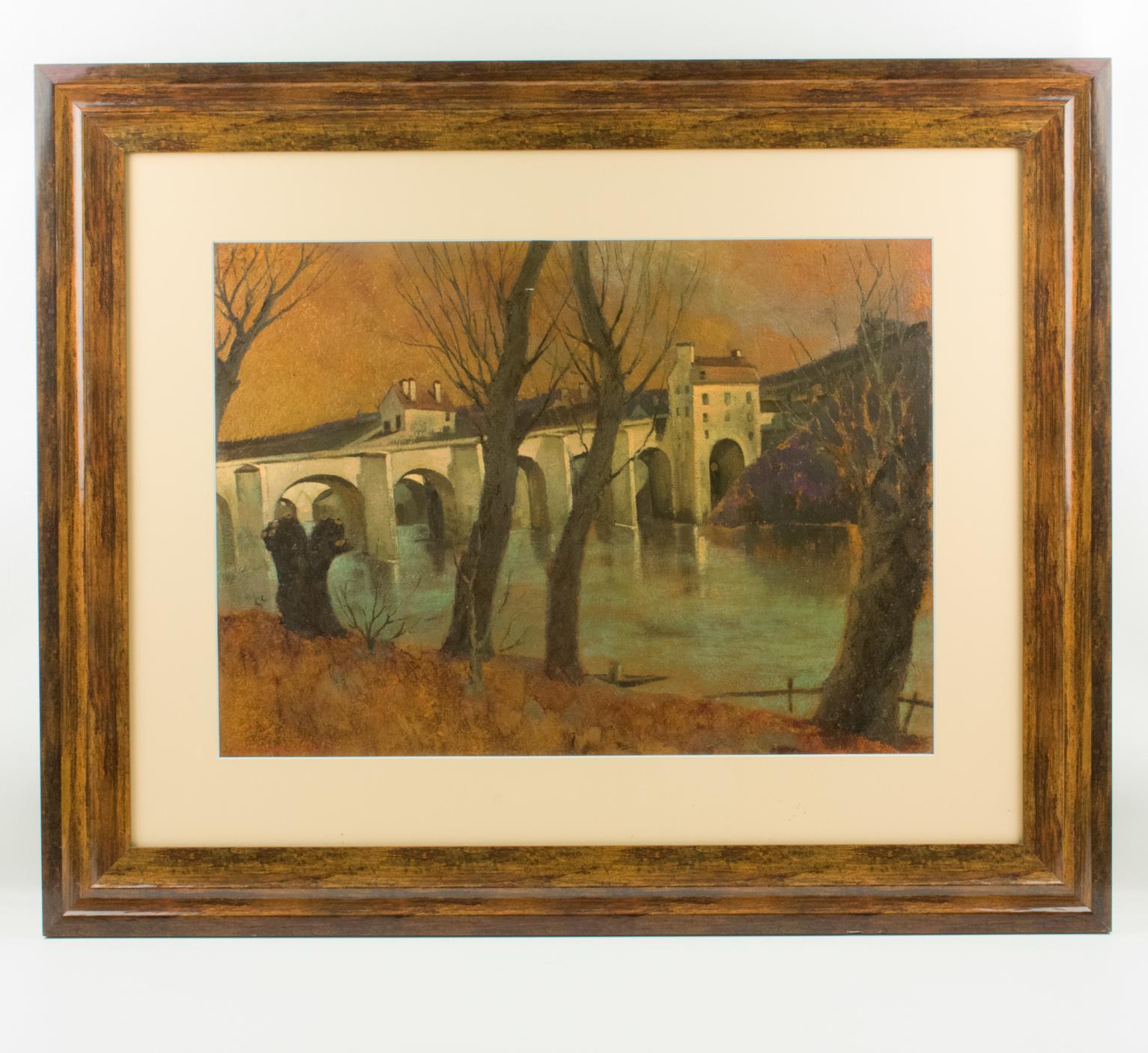 Vaulted Bridge in French Landscape Oil on Wood Painting by Vincent Mazzocchini For Sale 4
