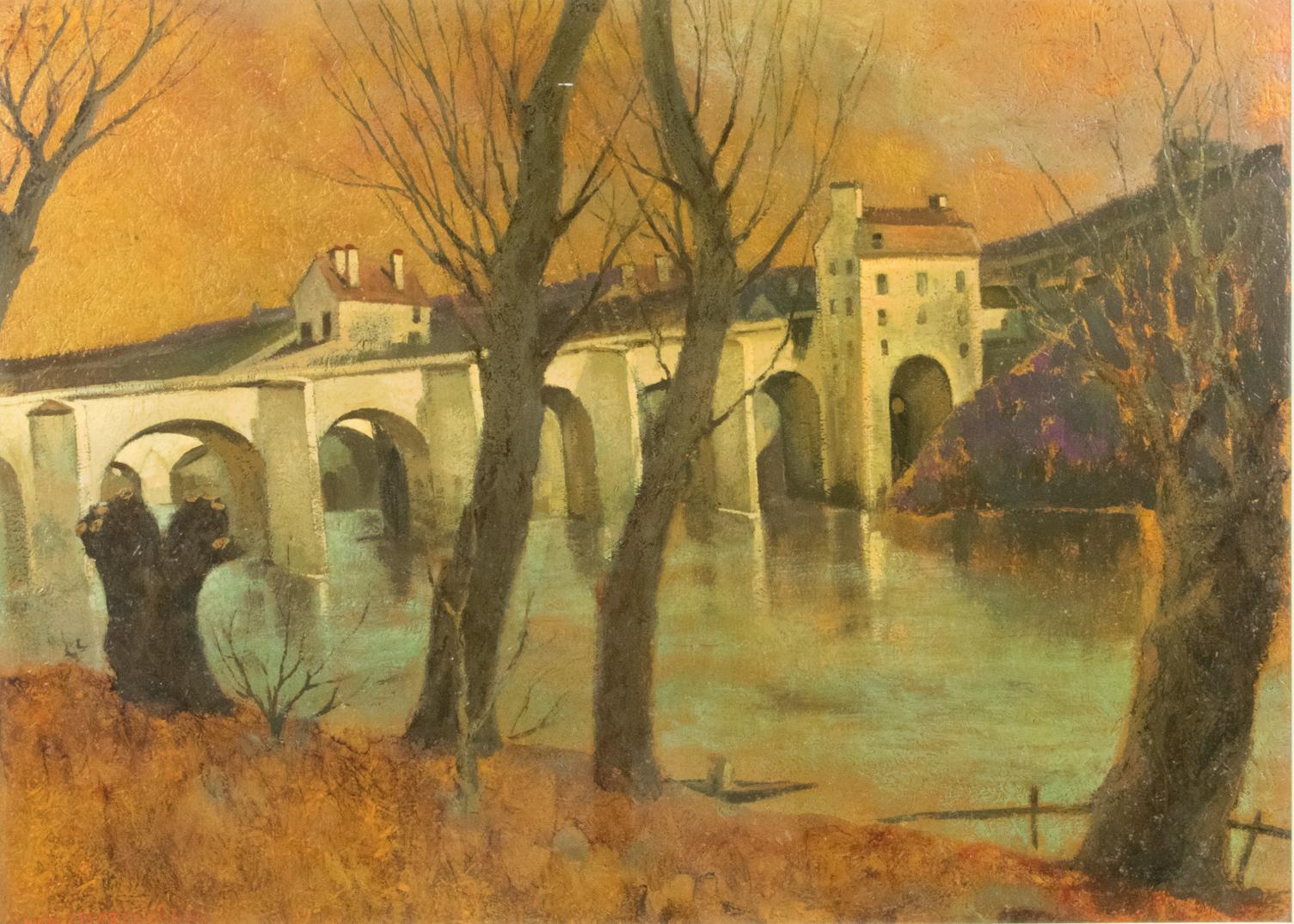 Vaulted Bridge in French Landscape Oil on Wood Painting by Vincent Mazzocchini For Sale 6