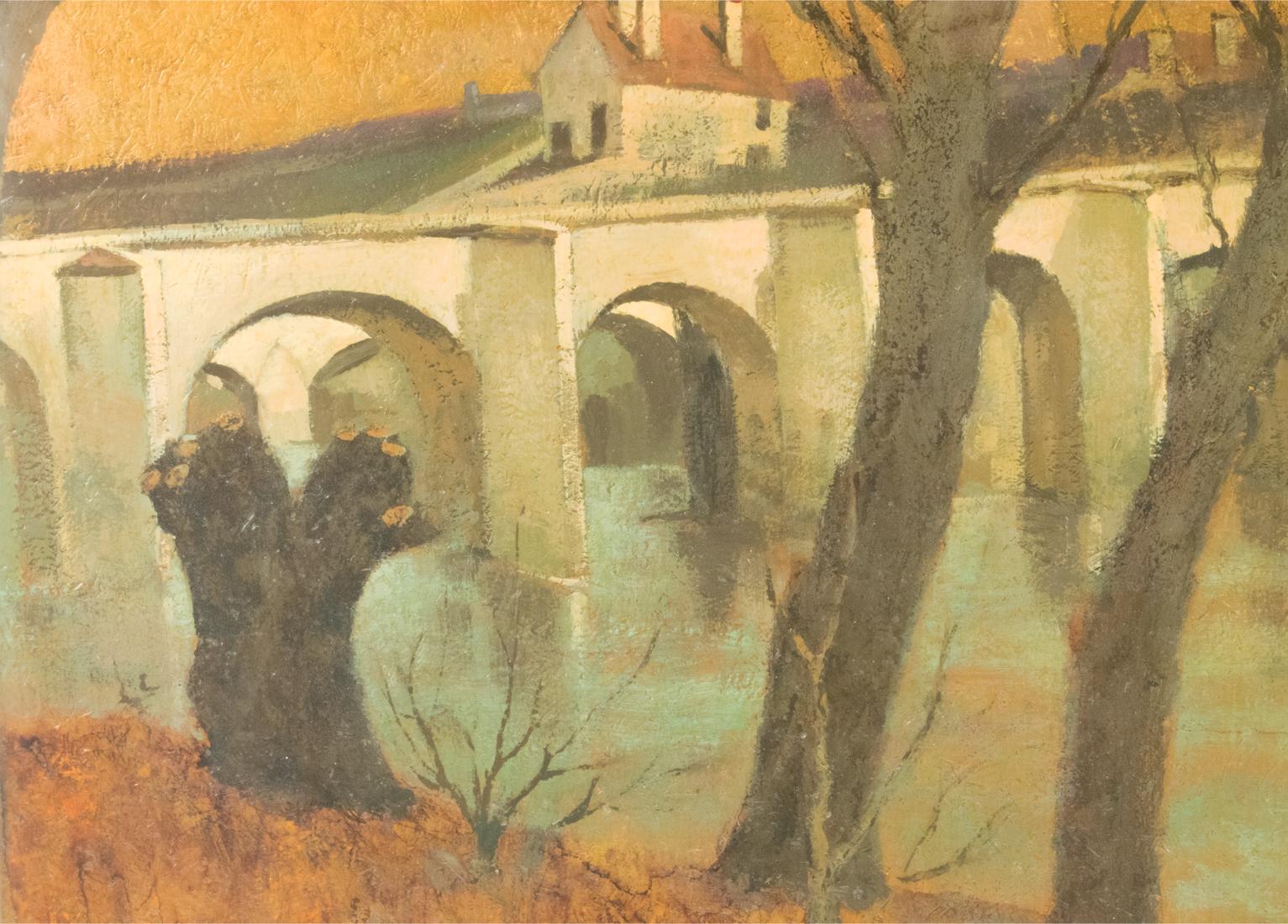 Vaulted Bridge in French Landscape Oil on Wood Painting by Vincent Mazzocchini For Sale 7