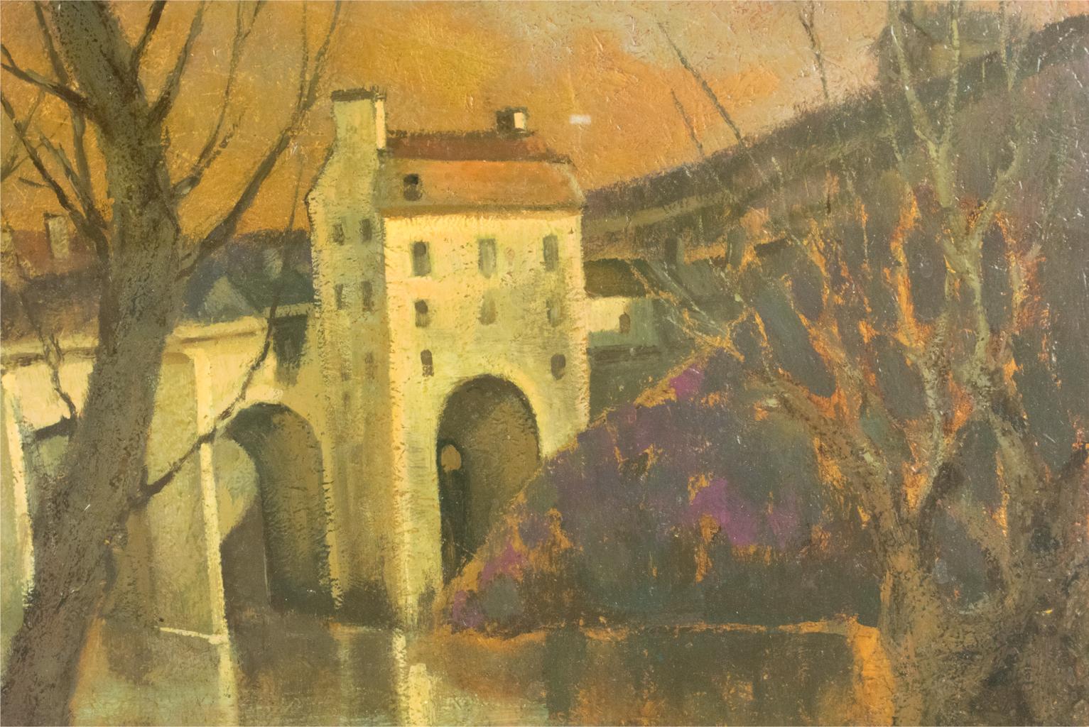Vaulted Bridge in French Landscape Oil on Wood Painting by Vincent Mazzocchini For Sale 8