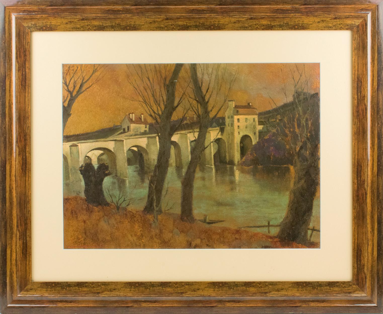 Vincent Mazzocchini (France, 20th Century) created this unique French landscape oil on pressed wood board painting. 
This delightful composition is on rather unusual media. The landscape represents an old vaulted bridge from the Middle Ages in