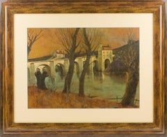 Vintage Vaulted Bridge in French Landscape Oil on Wood Painting by Vincent Mazzocchini