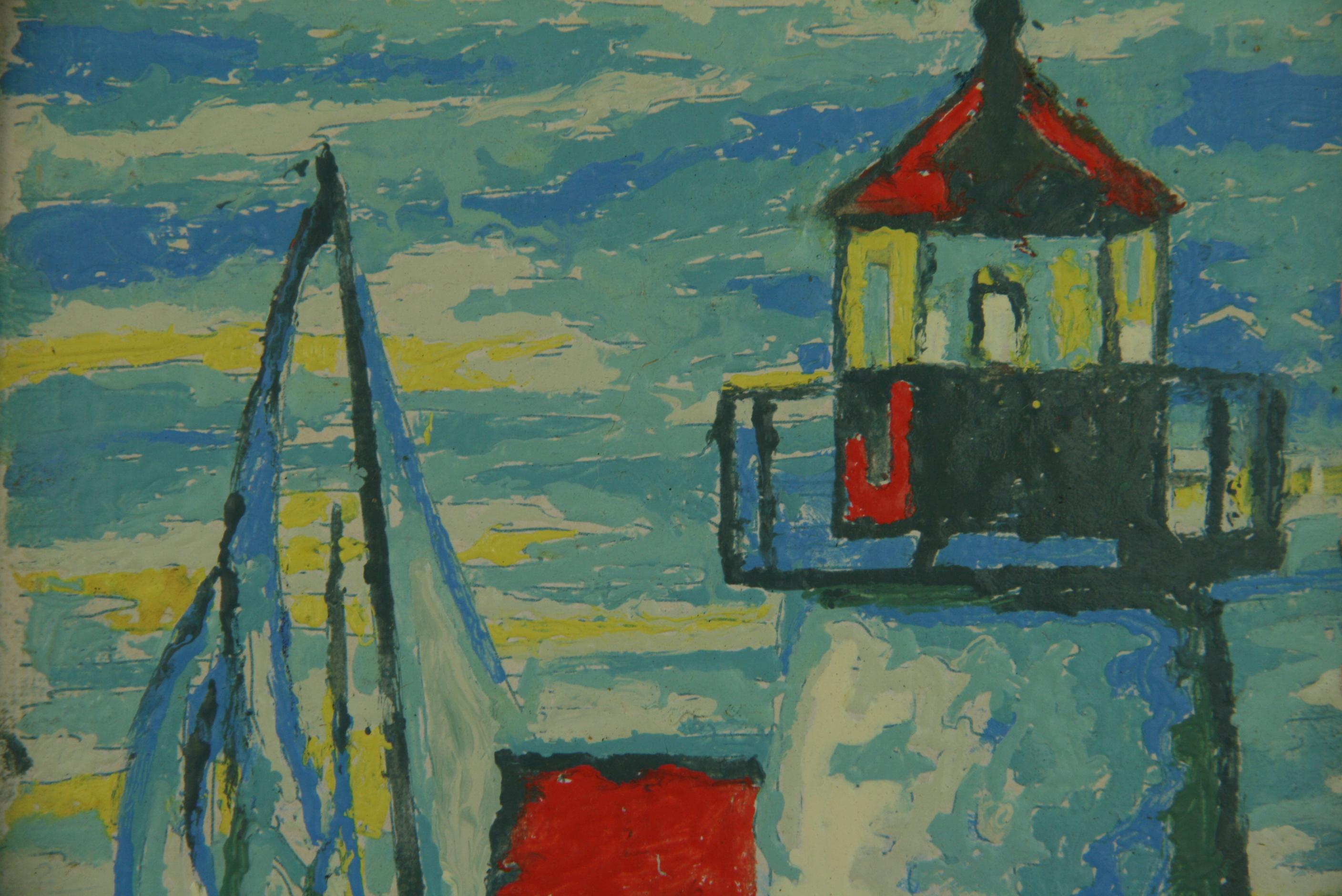 3726 Small landscape painting of a New England lighthouse   with sailboats in backround
Signed on back