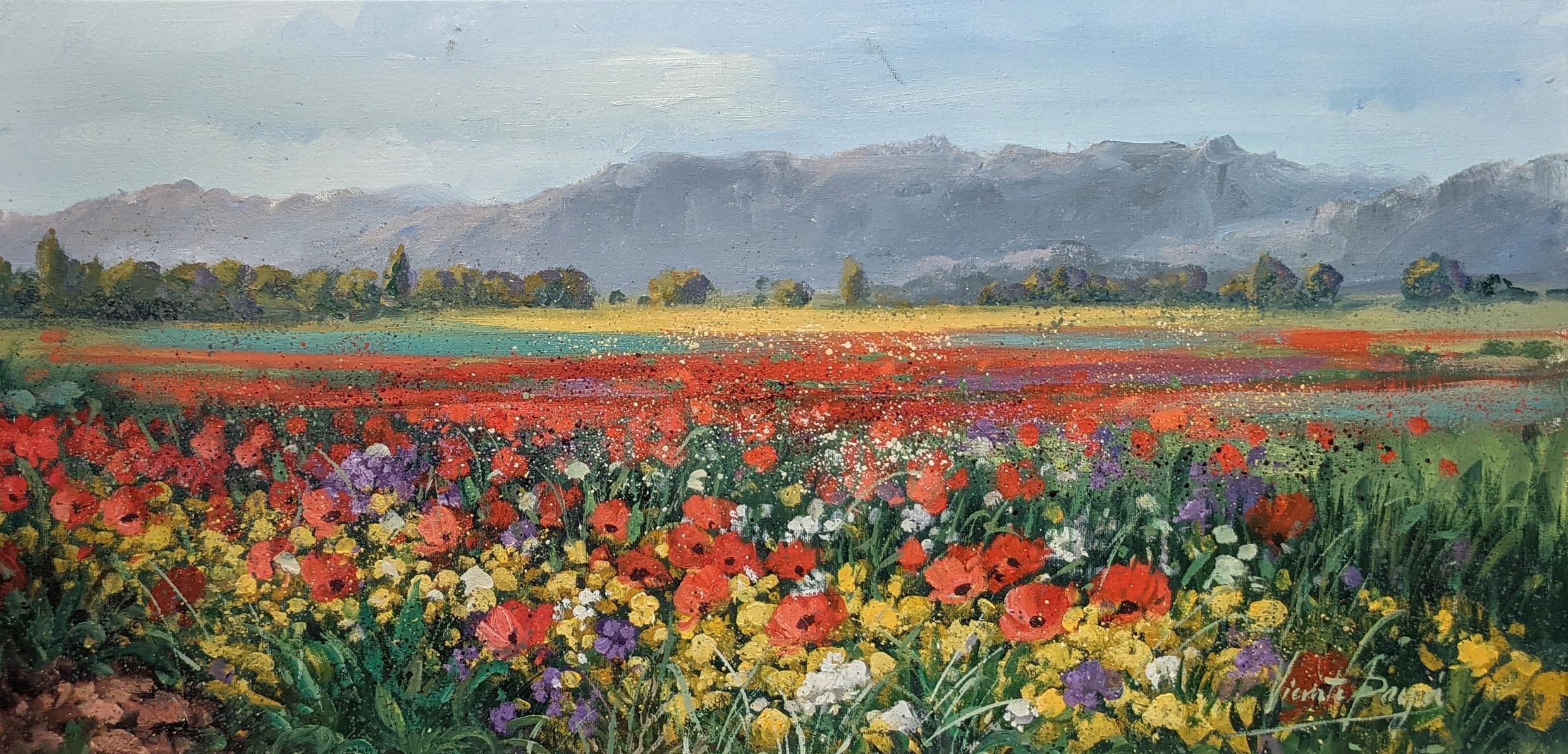 'Poppy Fields' Colourful contemporary landscape painting of flowers in a field  - Painting by Vincent Paya