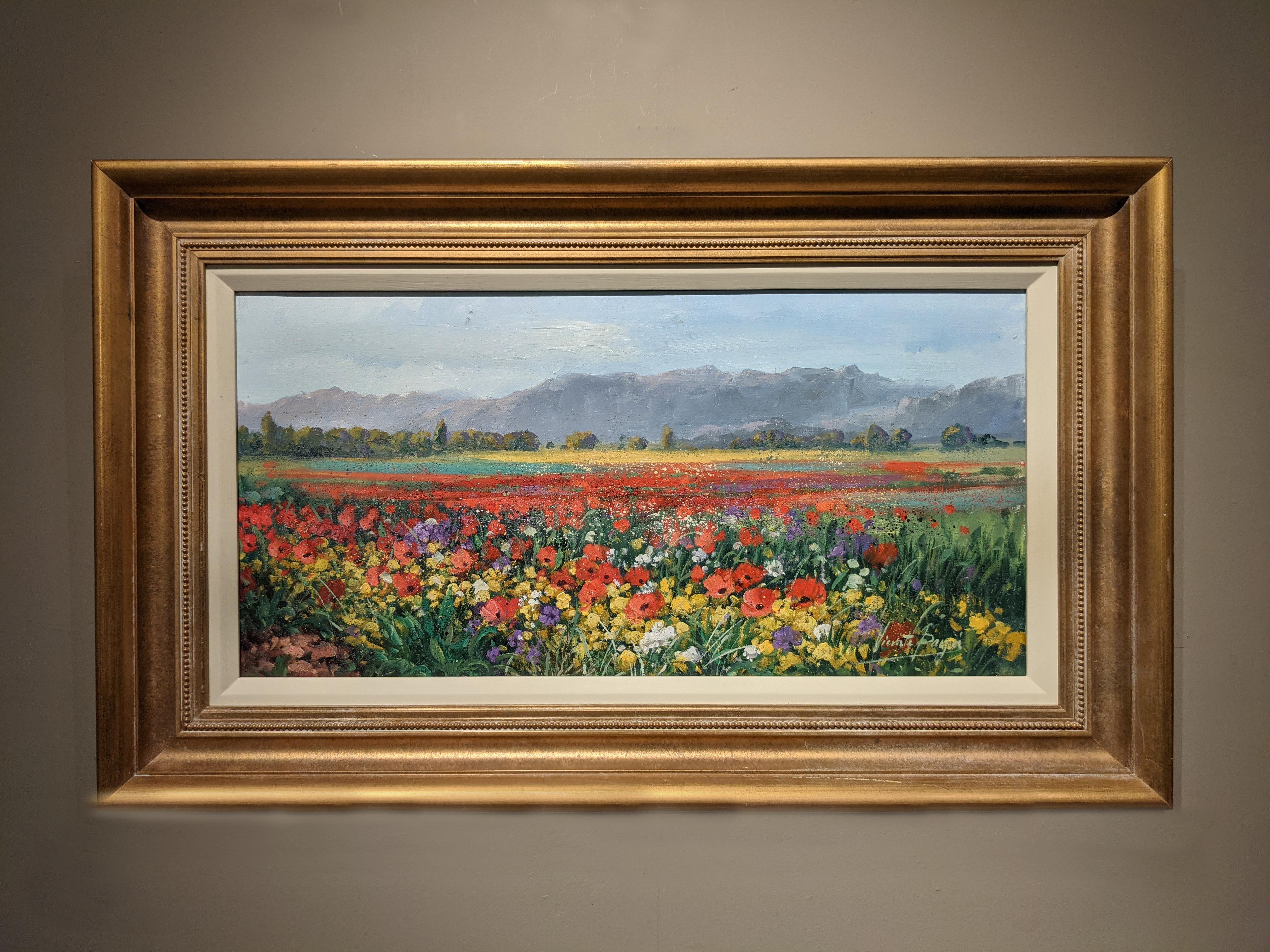 Vincent Paya Landscape Painting - 'Poppy Fields' Colourful contemporary landscape painting of flowers in a field 