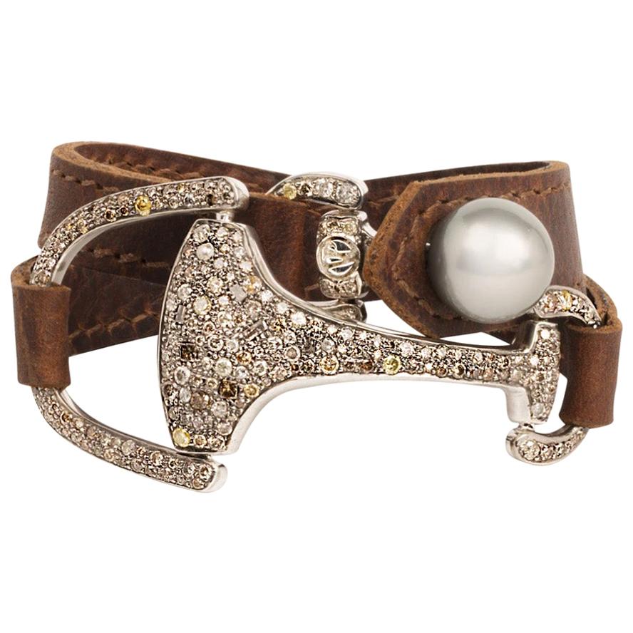 Vincent Peach Equestrian Diamond Montana Leather Cuff Bracelet or Choker For Sale