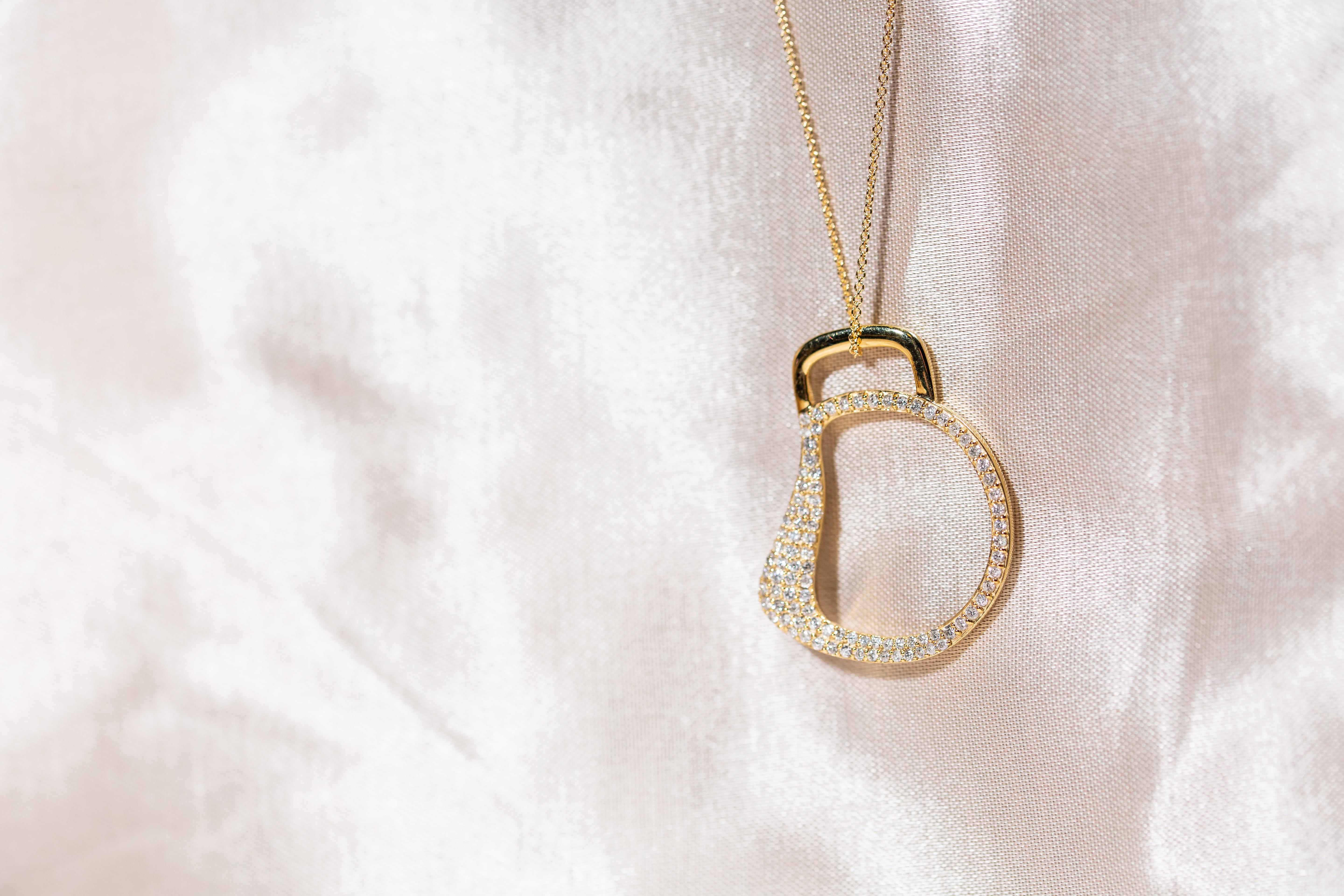 Women's Vincent Peach Equestrian Gold Leather Pearl Diamond Cheval Bit Pendant Necklace For Sale