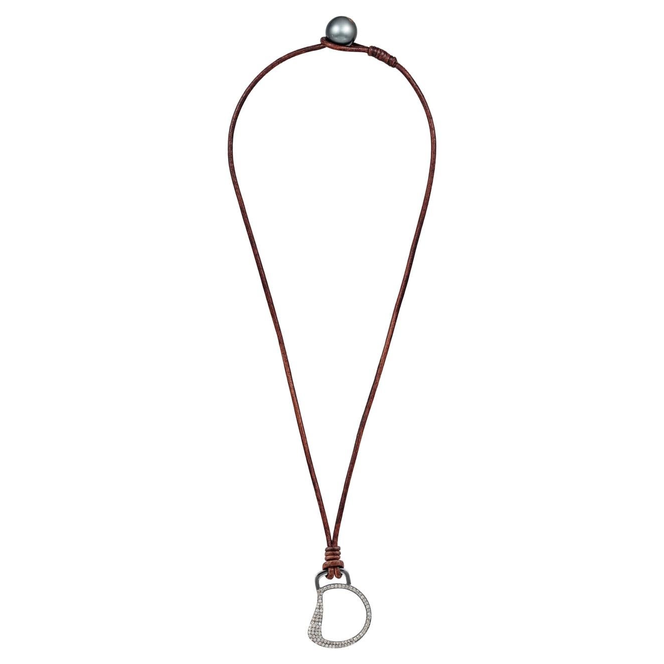 Vincent Peach Equestrian Leather Pearl Diamond Cheval Bit Pendant Necklace For Sale