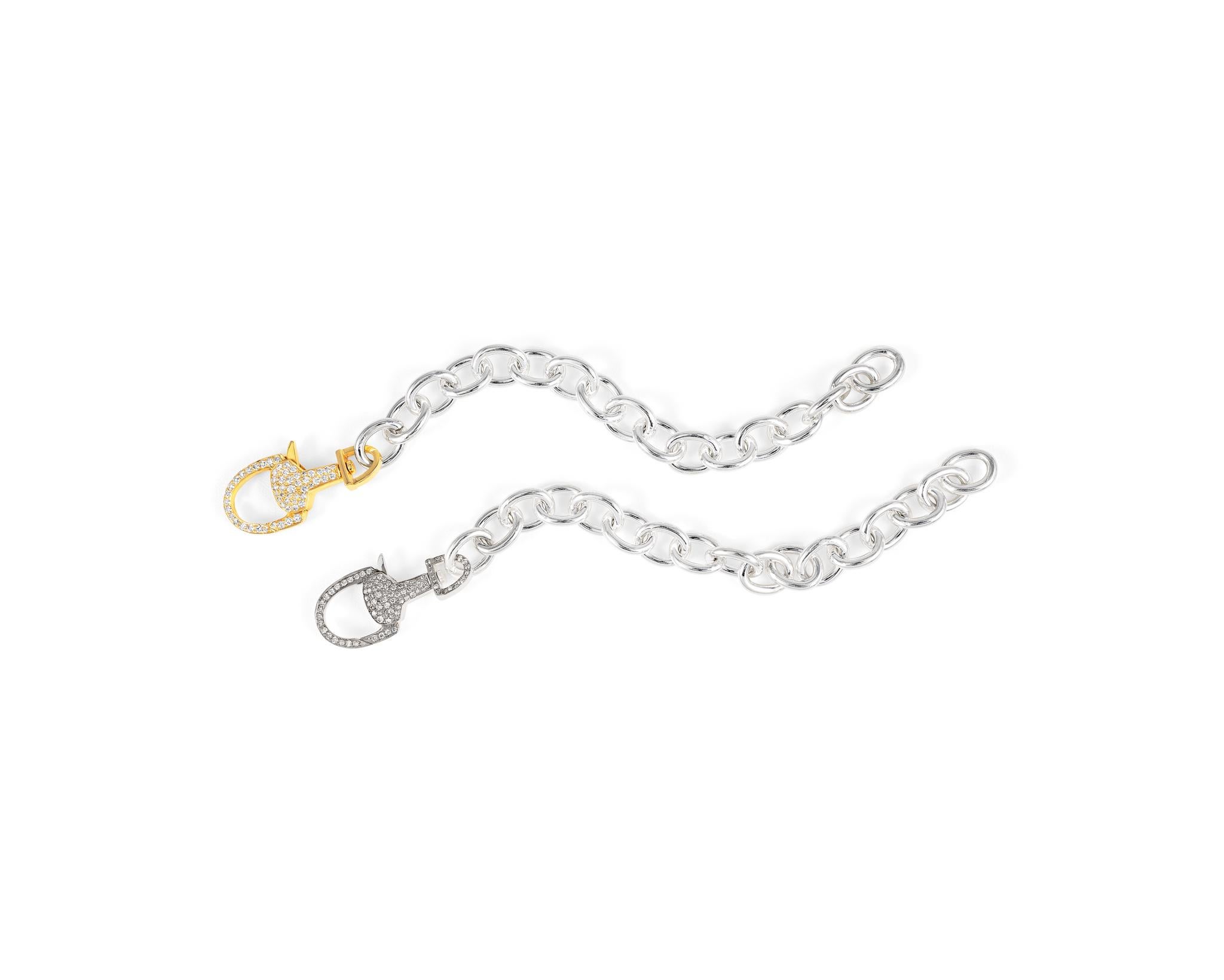 Part of the Vincent Peach Equestrian Collection, the Stirrup Lock Bracelet has a 14kt Yellow Gold Clasp with 1.15ct Diamonds on a 7