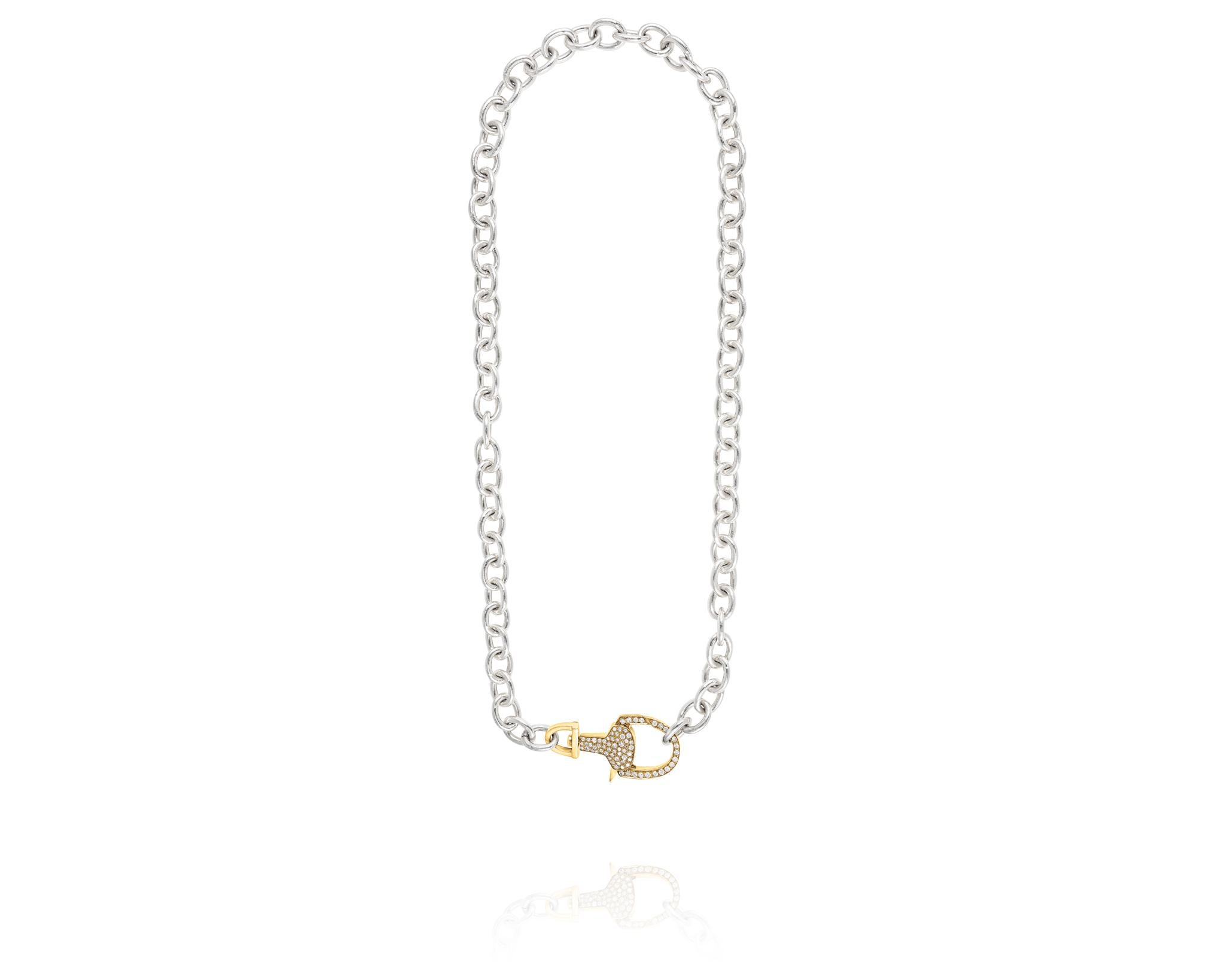 Part of the Vincent Peach Equestrian Collection, the Stirrup Lock Necklace has a 14kt Yellow Gold Clasp covered in 1.15ct Diamonds on a 17