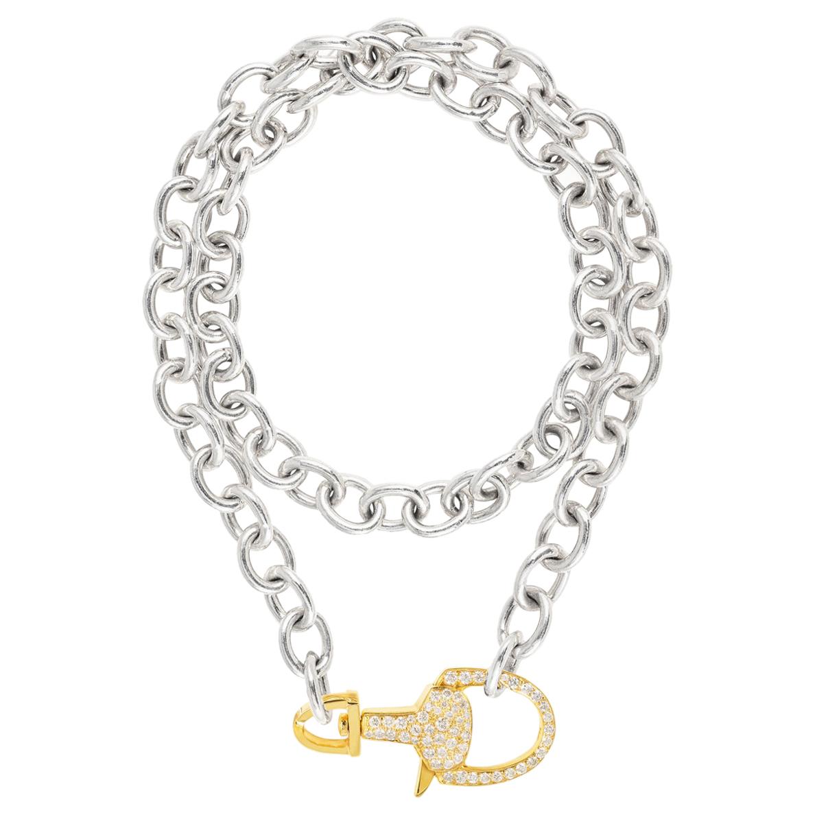 Vincent Peach Equestrian Silver Gold Diamond Lock Chain Necklace For Sale