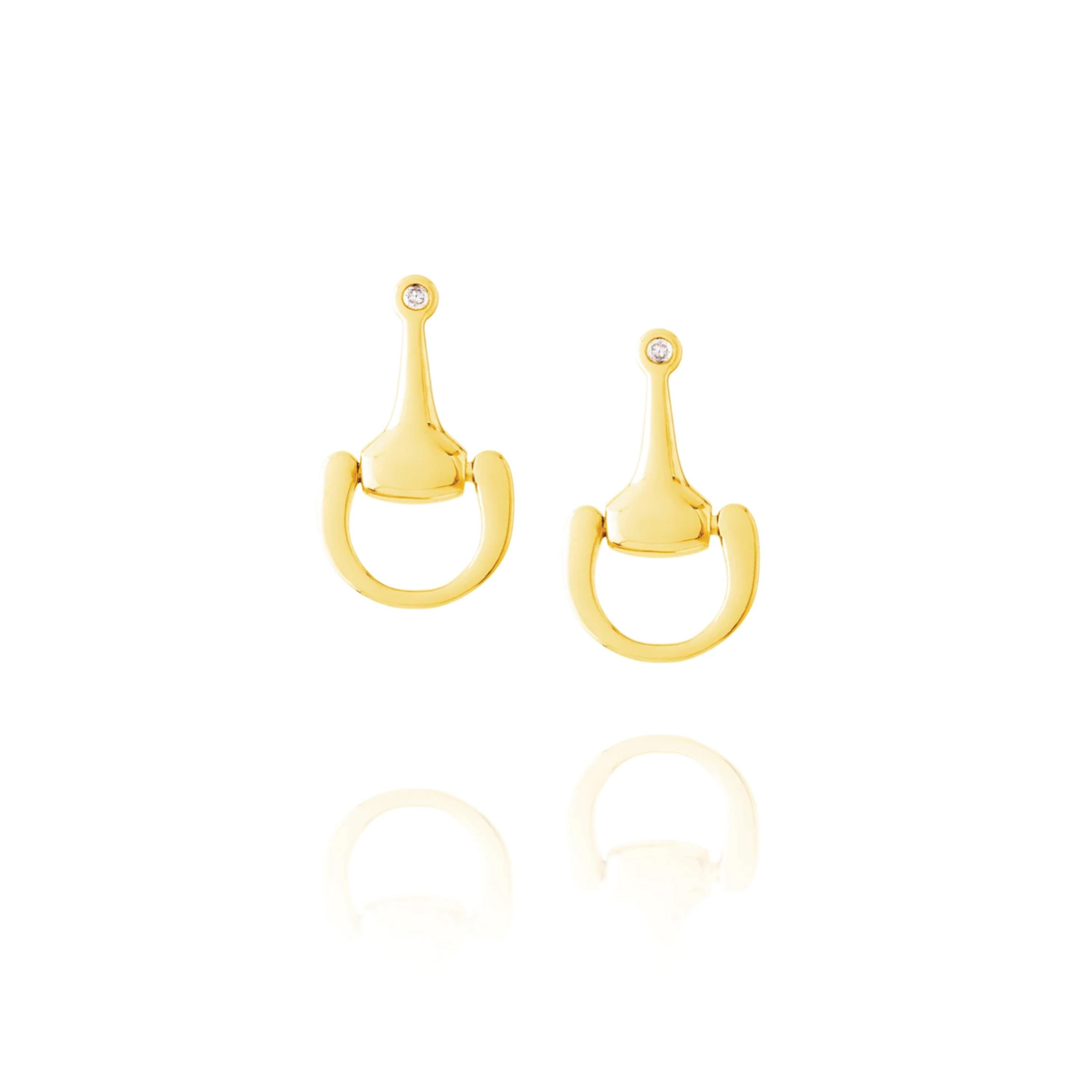 Round Cut Vincent Peach Equestrian Small Gold Diamond Bit Drop Earrings For Sale