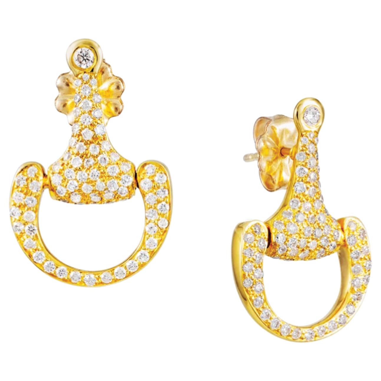 Vincent Peach Equestrian Small Gold Diamond Bit Drop Earrings For Sale