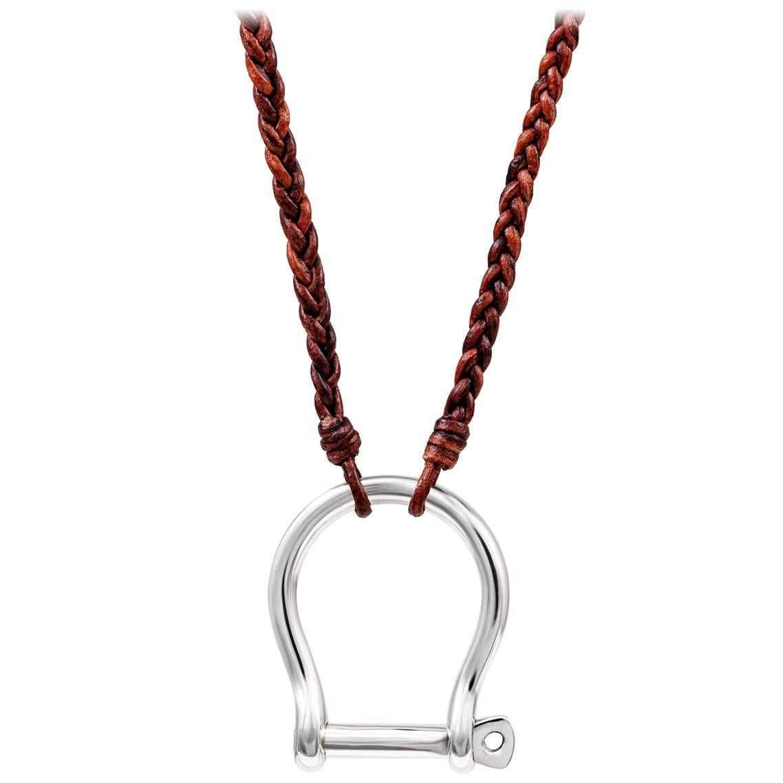 Vincent Peach Equestrian Sterling Silver Shackle Leather Necklace For Sale