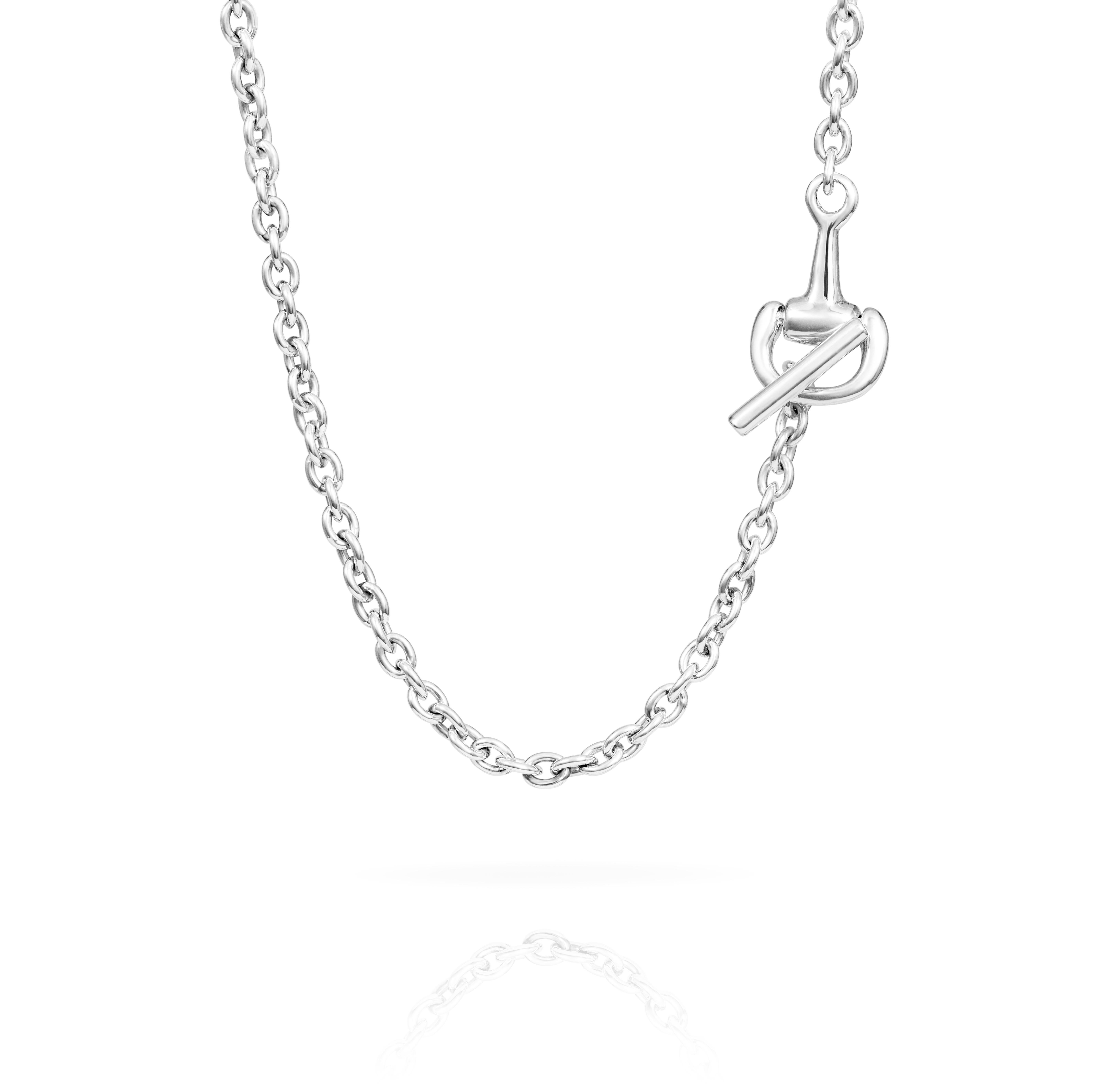 Part of the Vincent Peach Equestrian Collection, the Snaffle Bit Chain Link Necklace has a Sterling Silver Snaffle Bit Clasp on a Chunky, 17