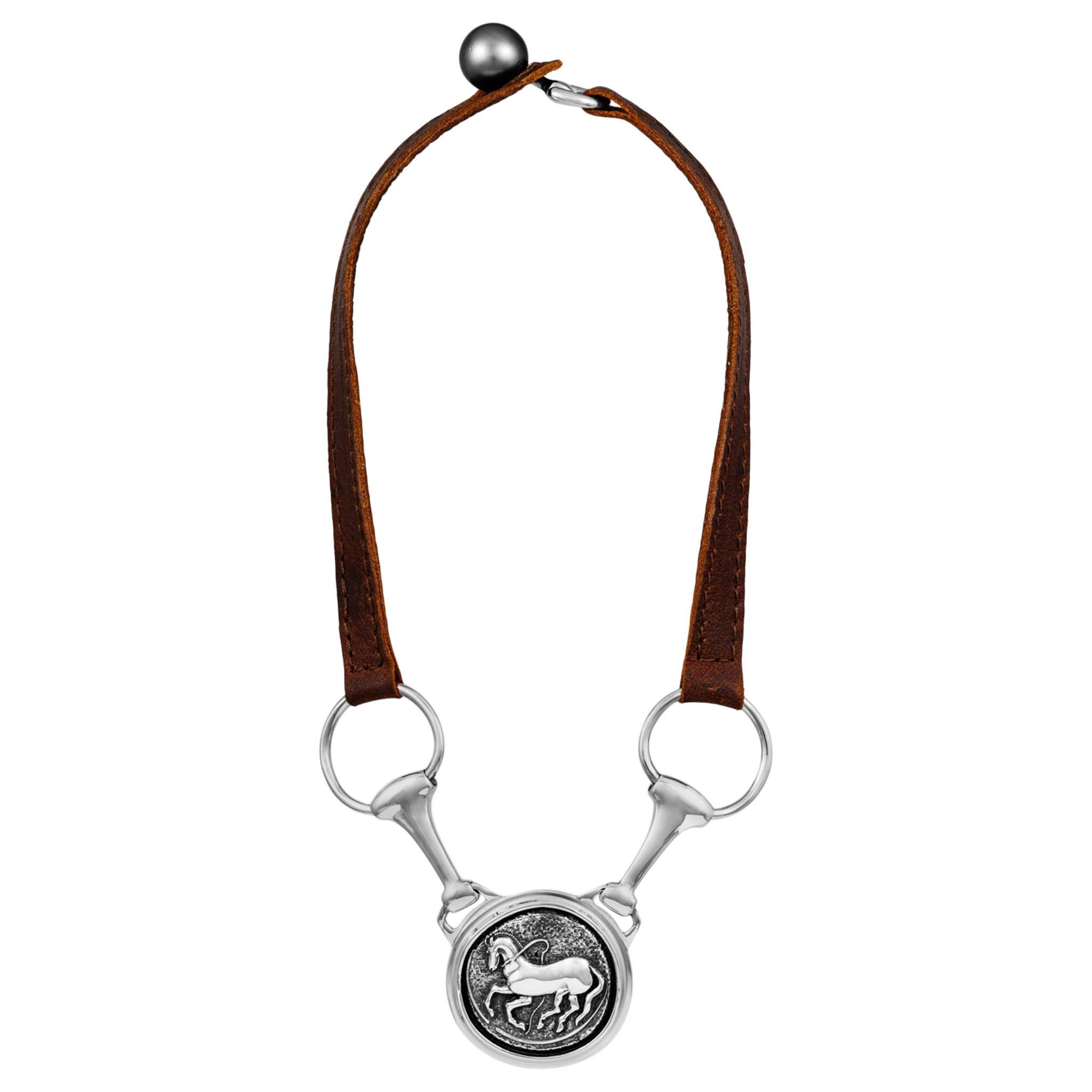 Vincent Peach Equestrian Sterling Silver Trojan Arena Leather Pendant Necklace