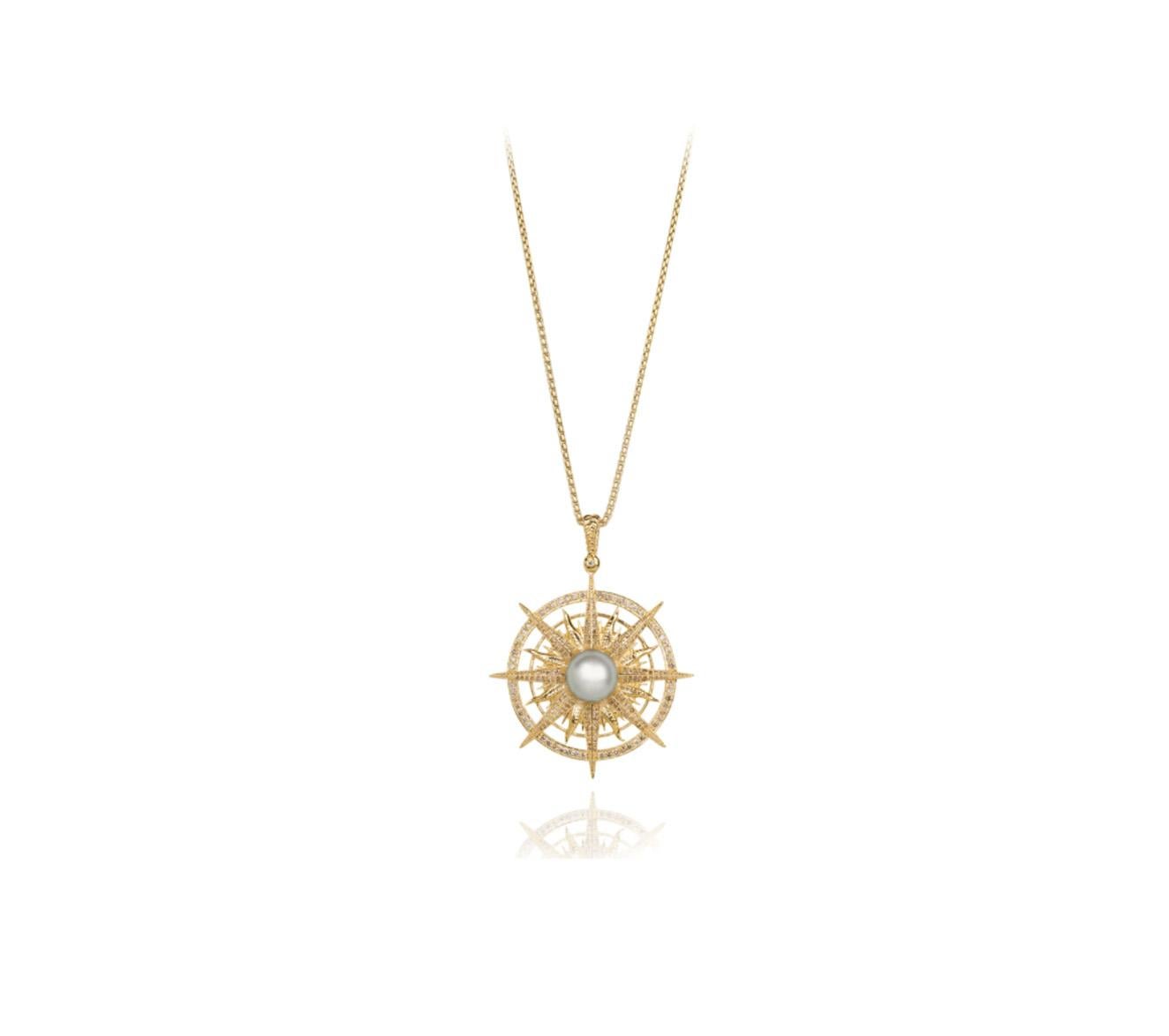 Round Cut Vincent Peach Gold Diamond Pearl Compass Pendant Necklace For Sale